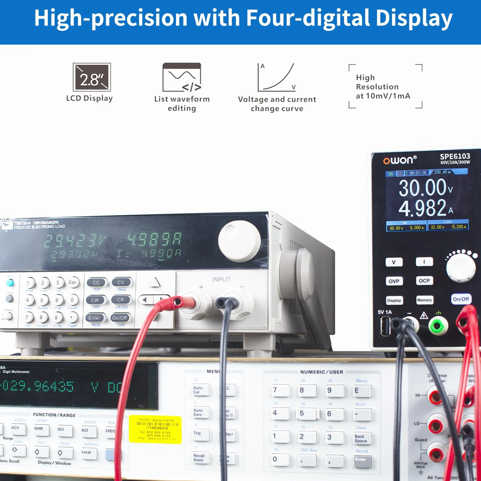 OWON SPE6103 Fuente de alimentación de CC programable, 300 W, 60 V/10 A, protección múltiple 4 dígitos de Alta precisión, Pantalla LCD TFT de 2,8 Pulgadas con Puerto USB