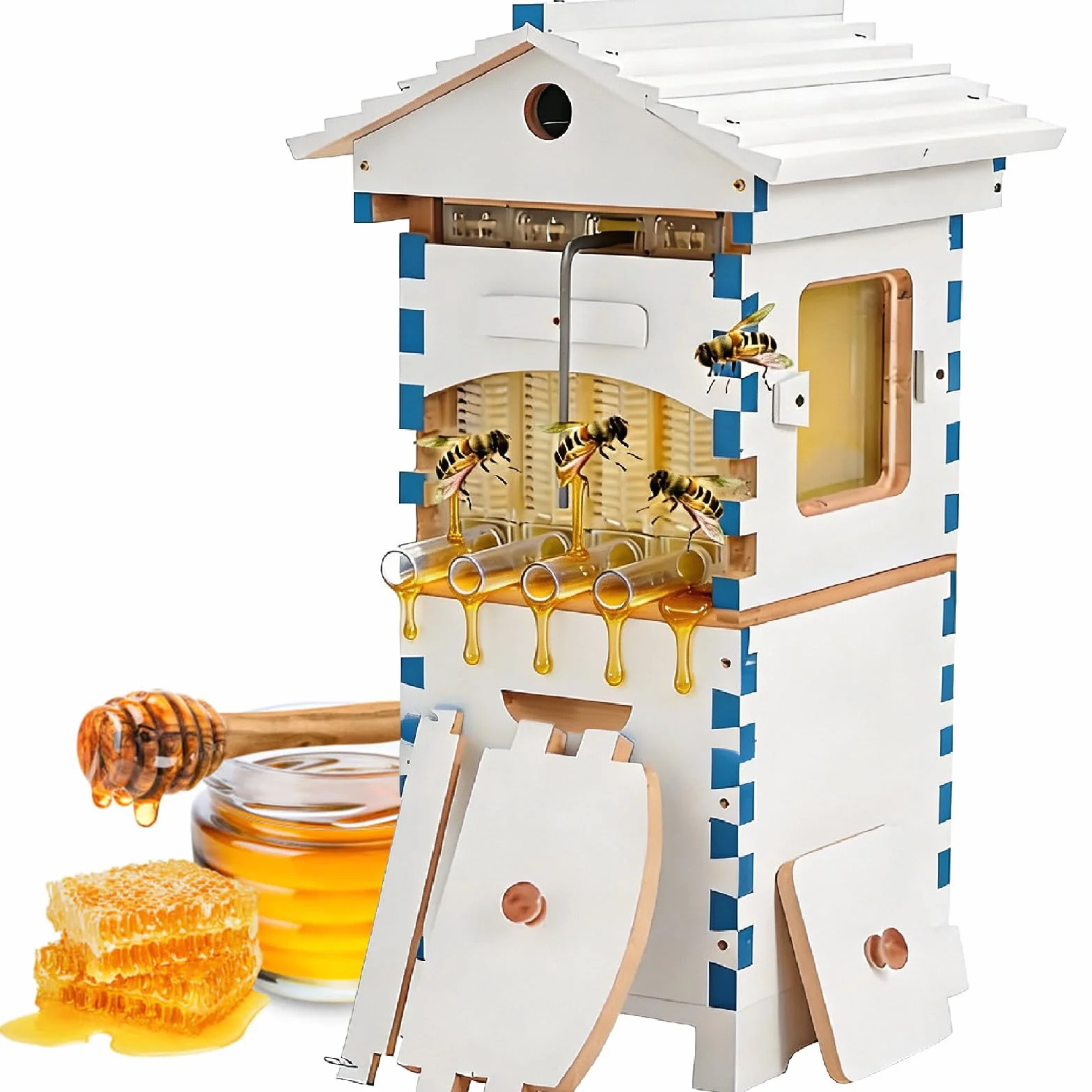 Kit De Inicio para Colmena Autofluyente, Colmena De Madera Duradera con Ventana De Observación Y Llave para La Cosecha De Miel, Juego Completo De Colmena Automática 4frame