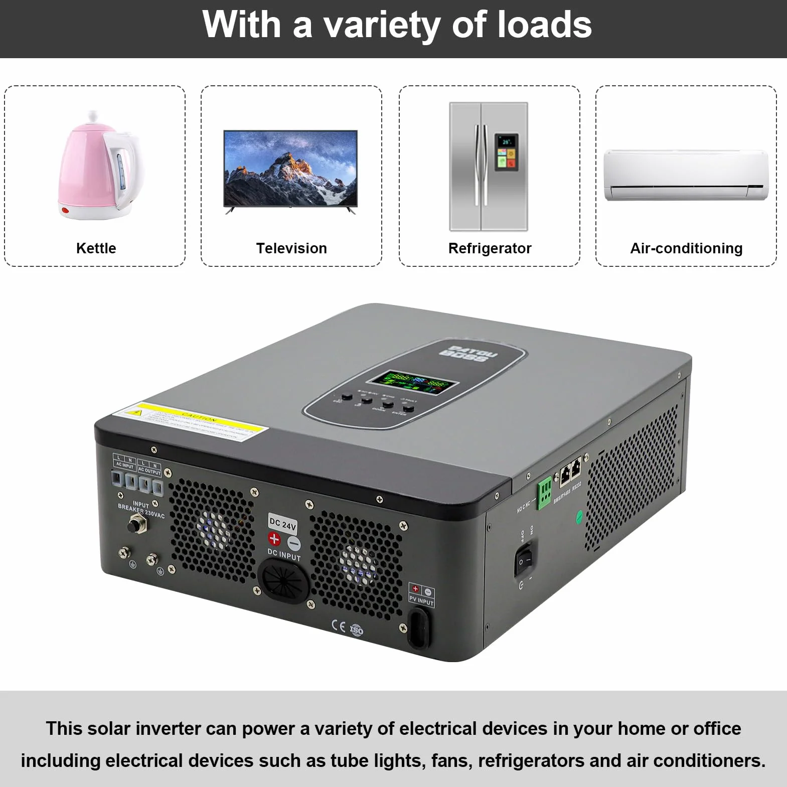 DATOUBOSS 3000W Pure Sine inversor híbrido 24V DC a 230V AC con 80A MPPT Controlador de Carga Solar para Plomo-ácido y baterías de Litio