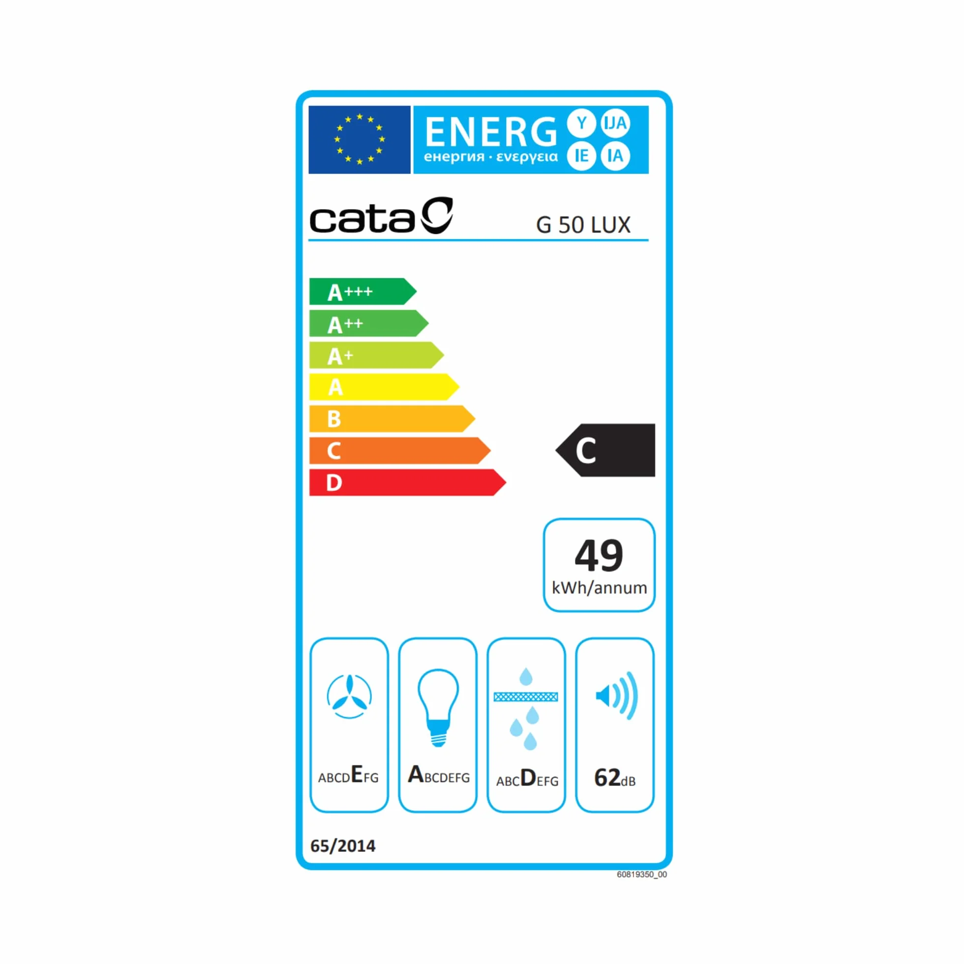 Campana Extractora Cata G50 LUX X 50 cm Acero Inoxidable 3 Niveles Motor Silencioso Clase C