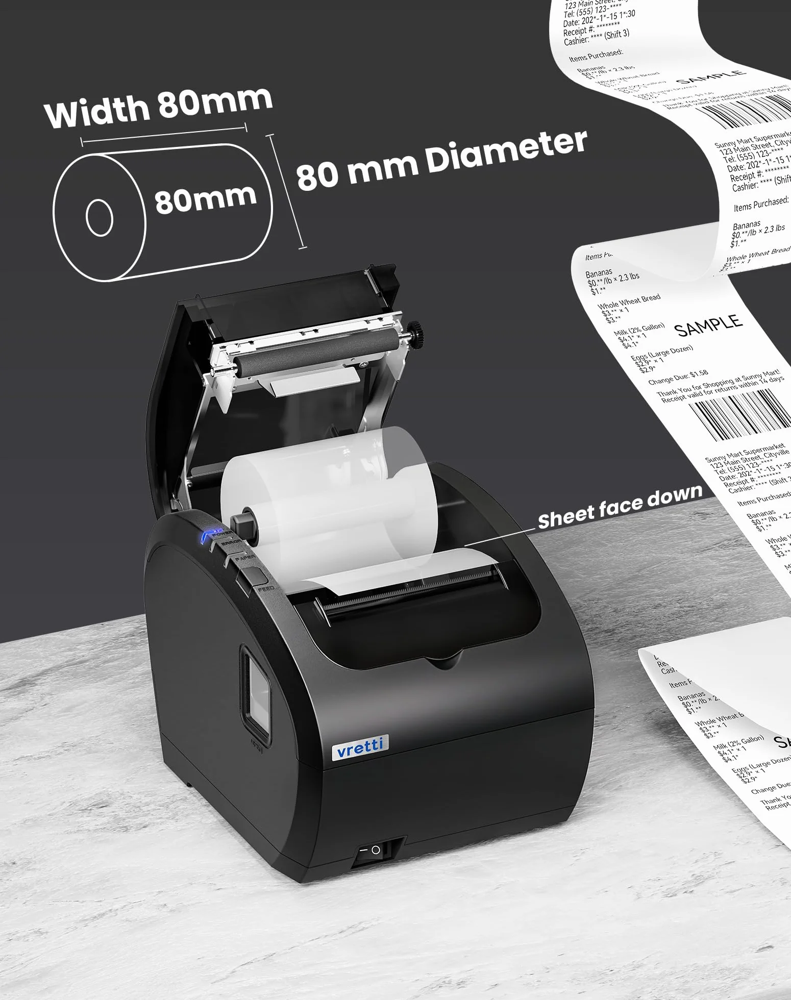 vretti Impresora de Recibo Térmica, Tikitera 80mm con Cortador de Velocidad Alta de 300 mm/s ESC/POS USB/Serial/LAN Compatible con Windows/Mac
