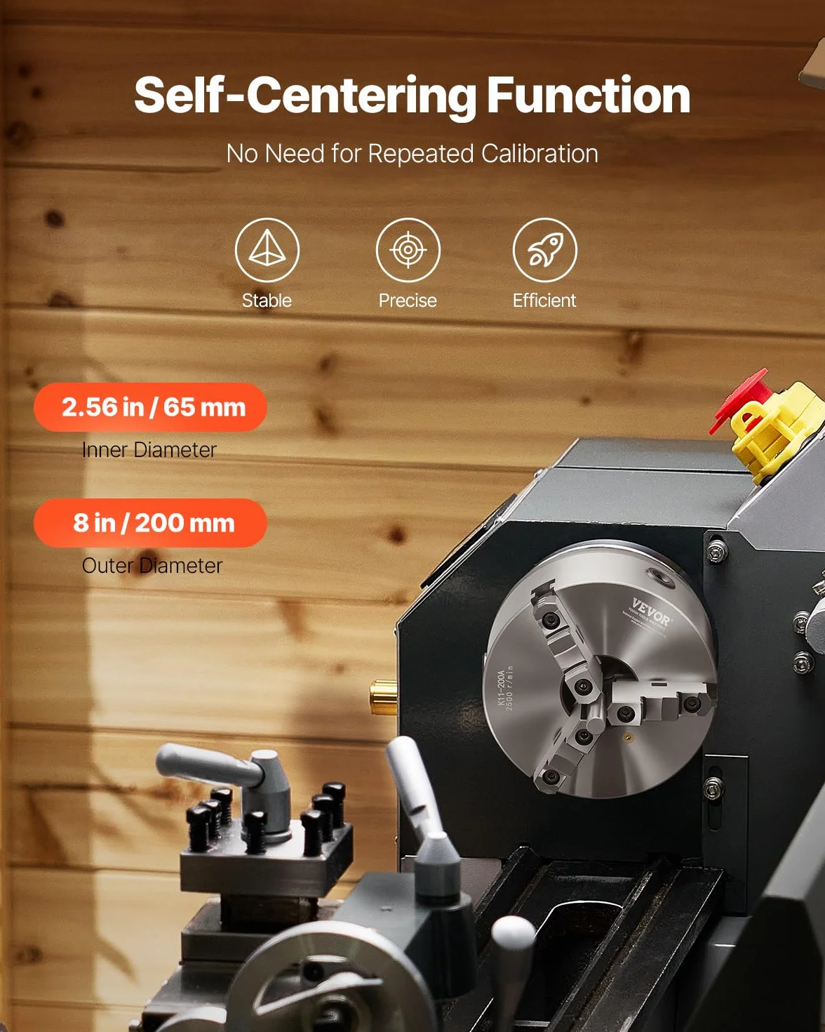 VEVOR Mandril de Torno de 3 Mordazas Diámetro Exterior de 200 mm, Autocentrante con Placa de Soporte Roscada, Rango de Sujeción de 4-200 mm con Tornillos de Llave en T para Torno de Madera y Metal