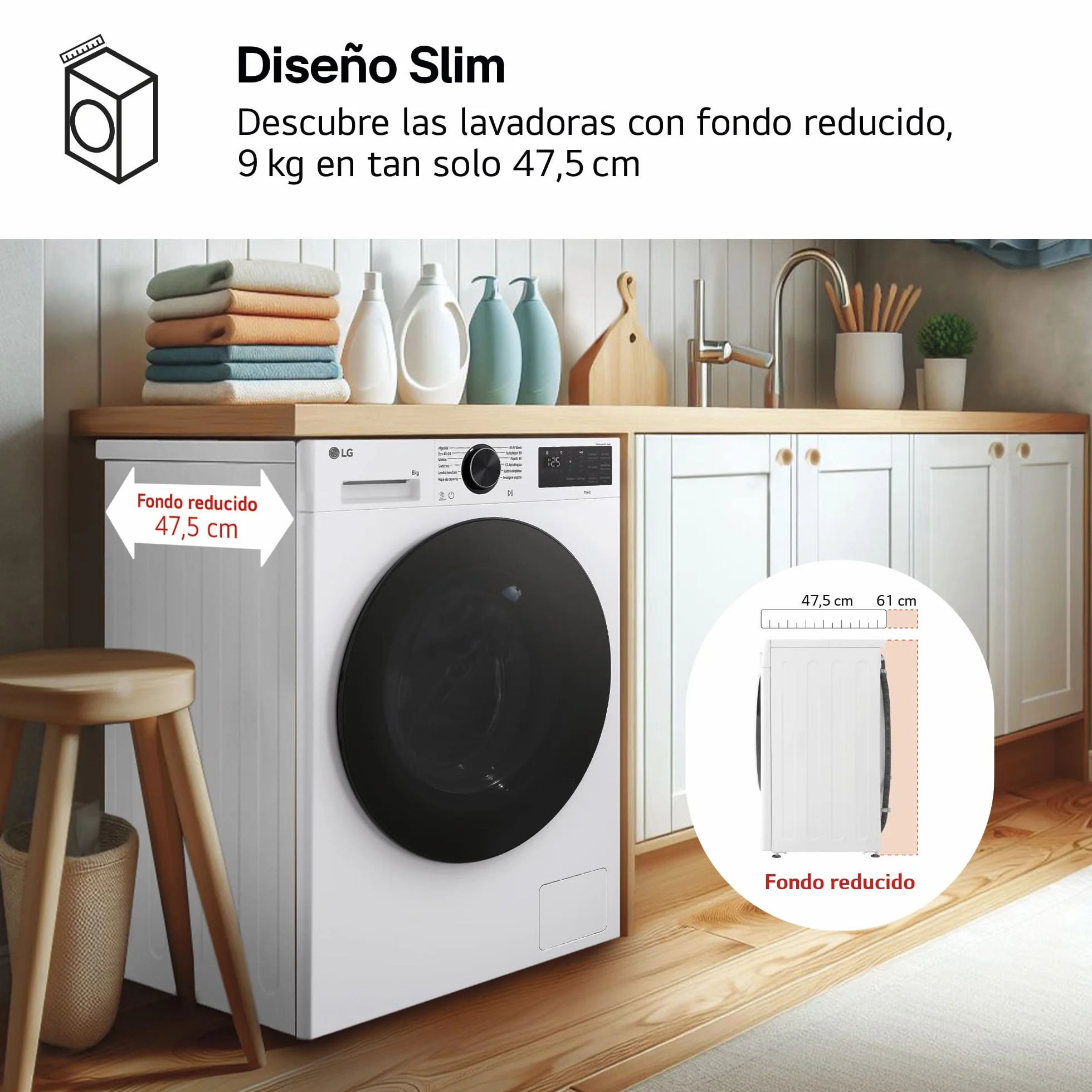 LG Lavadora Inteligente 9 kg AI Direct Drive TurboWash 360º 1200 rpm Fondo Reducido Vapor Steam Motor Inverter Display LED Serie 500 Blanco