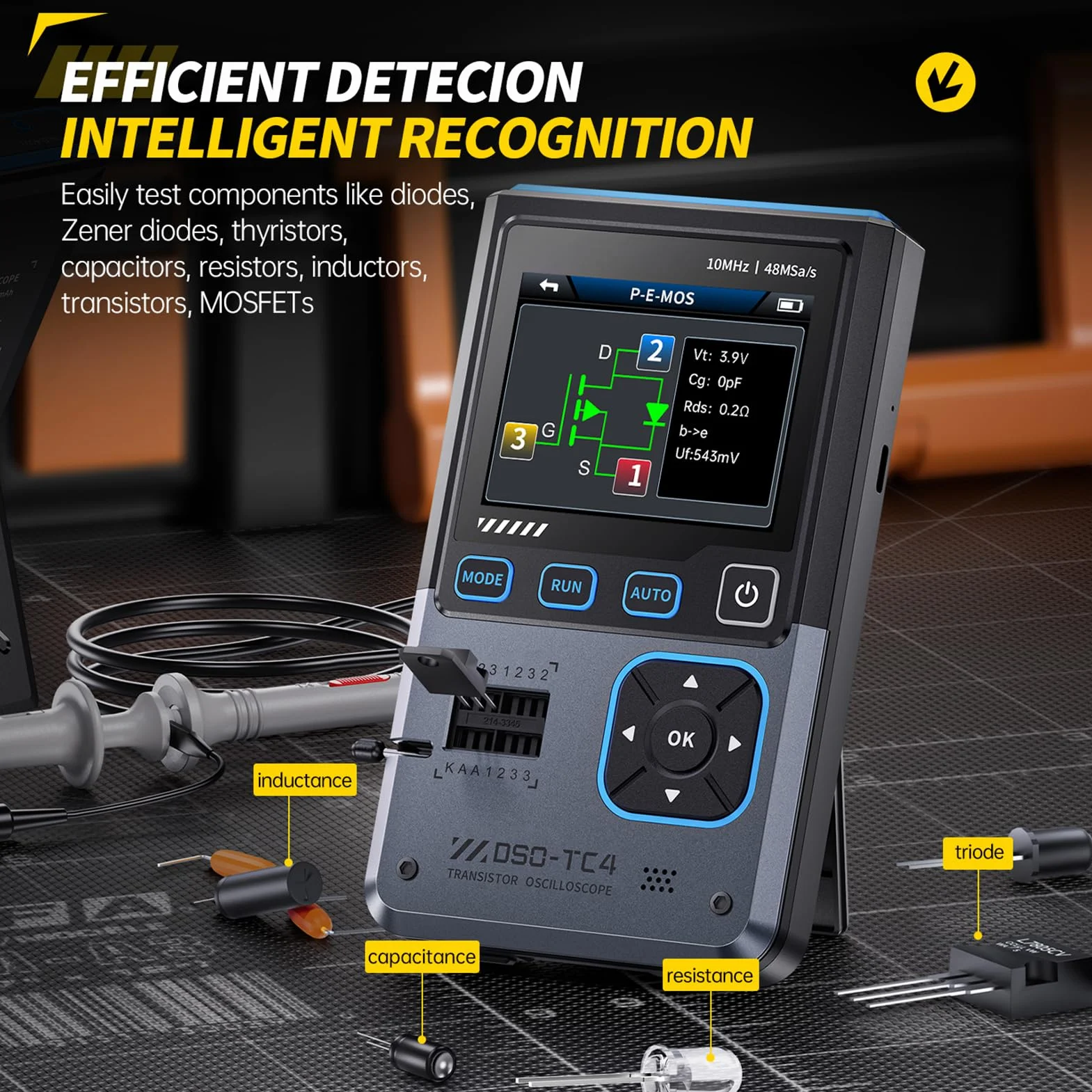 DEWIN DSO-TC4 Osciloscopio digital, 3 en 1 Osciloscopio portatil/Probador de transistores/Generador de señales,Ancho de banda de 10 MHz, frecuencia de muestreo de 48 MSa/s, protección anti-quemaduras