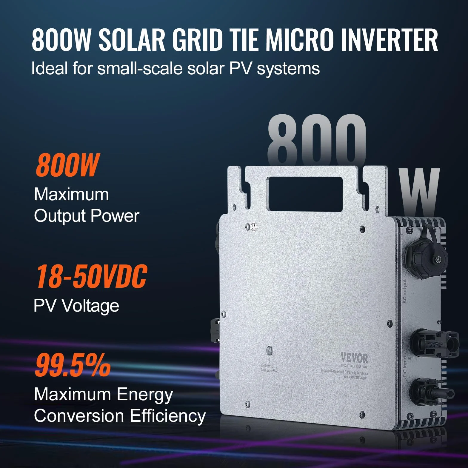 VEVOR Micro inversor Solar Conexión a Red 800W Microinversor Solar IP67 Aleación de Aluminio Impermeable Voltaje CC 18-50V con Antena WiFi App Cable de alimentación para Sistemas de Paneles solares