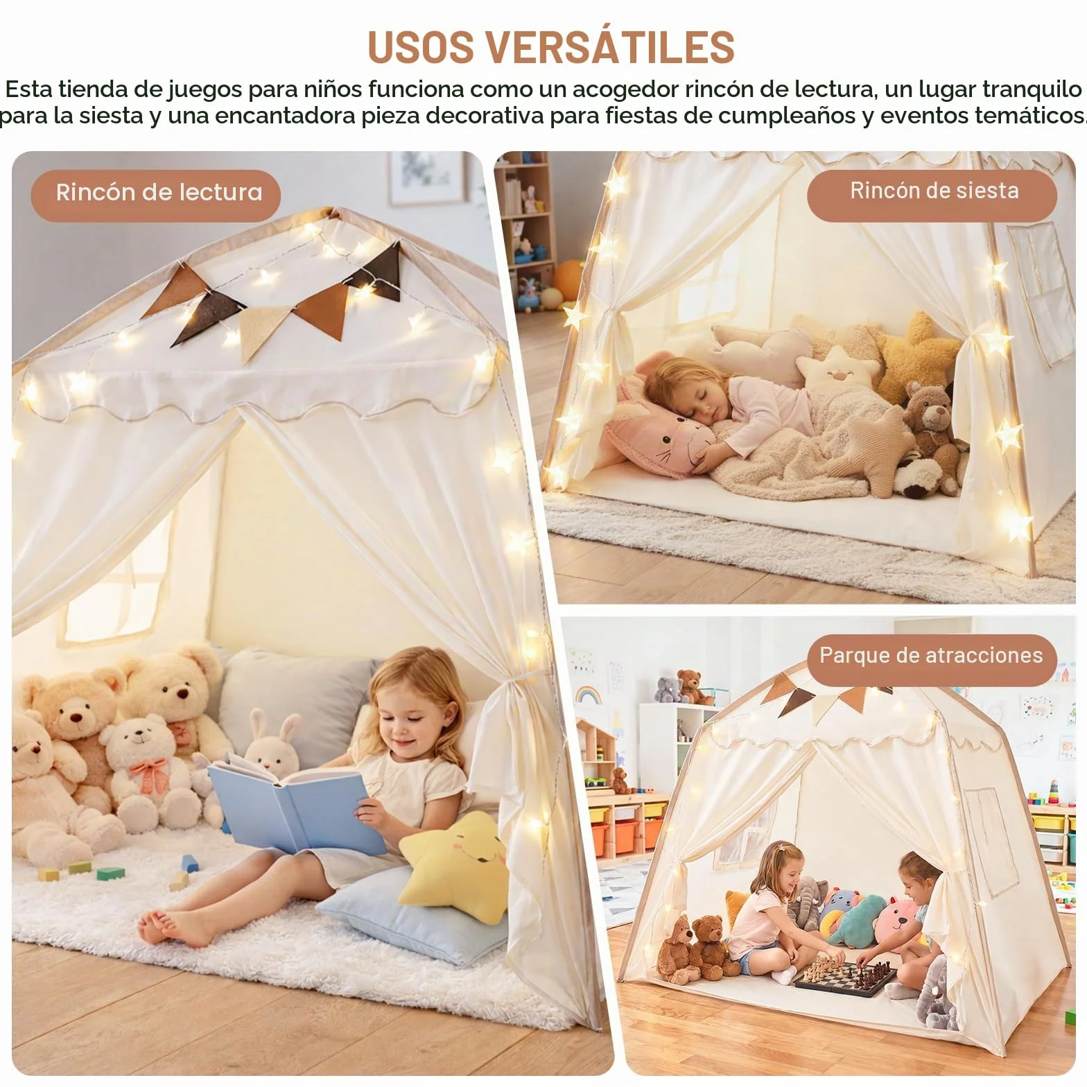 Tienda Campaña Infantil Tipi Cabañas para Niños con Luces y Banderas Casa de Juegos Carpa de Princesa Grande Regalo con Ventanas