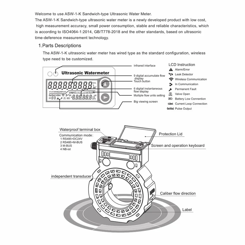 Medidor de Flujo de Agua Ultrasónico DN100 RS485 IP68 Batería