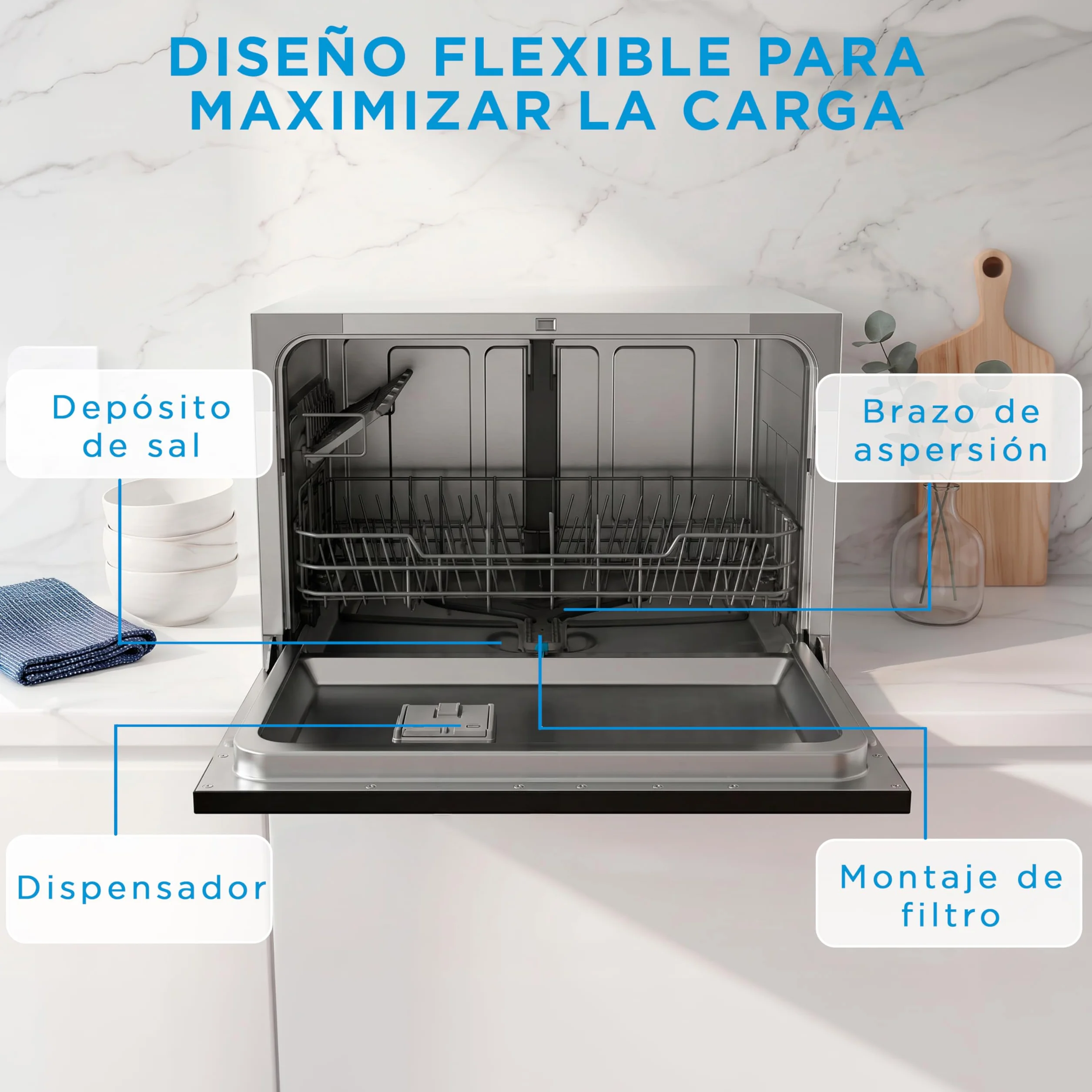 Midea Lavavajillas Pequeño Blanco 55cm 6 Servicios Compacto Portátil sin Instalación App Control 6 Programas ECO Filtro Antibacterias Secado 49dB