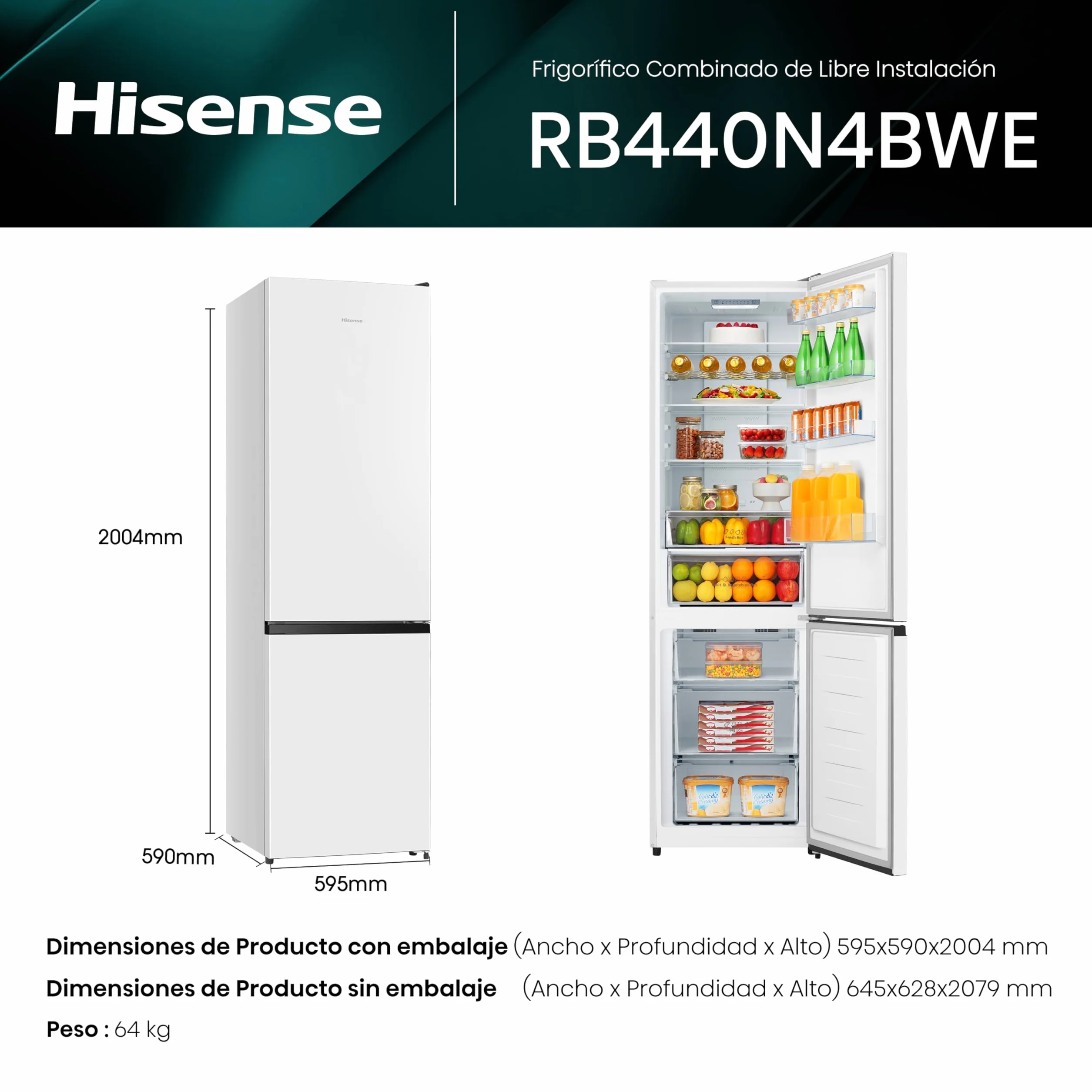 Hisense RB440N4BWE Frigorífico Combi 336L 200cm Clase E Super Freeze Blanco