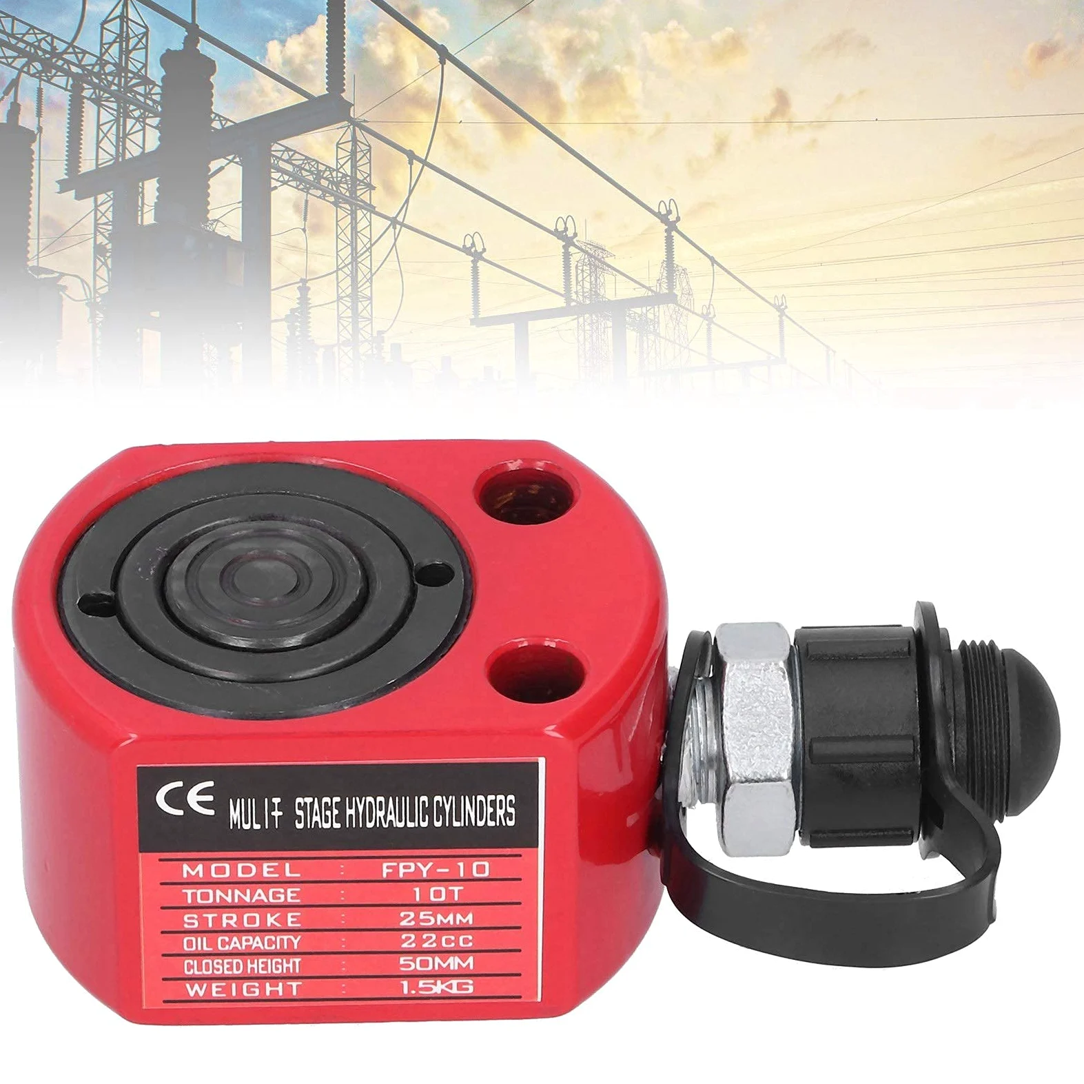 Cilindro Hidráulico 10T Gato de Ariete Hidráulico Rojo Herramienta Eléctrica de émbolo de Agujero Hueco Separado 50 mm de Altura