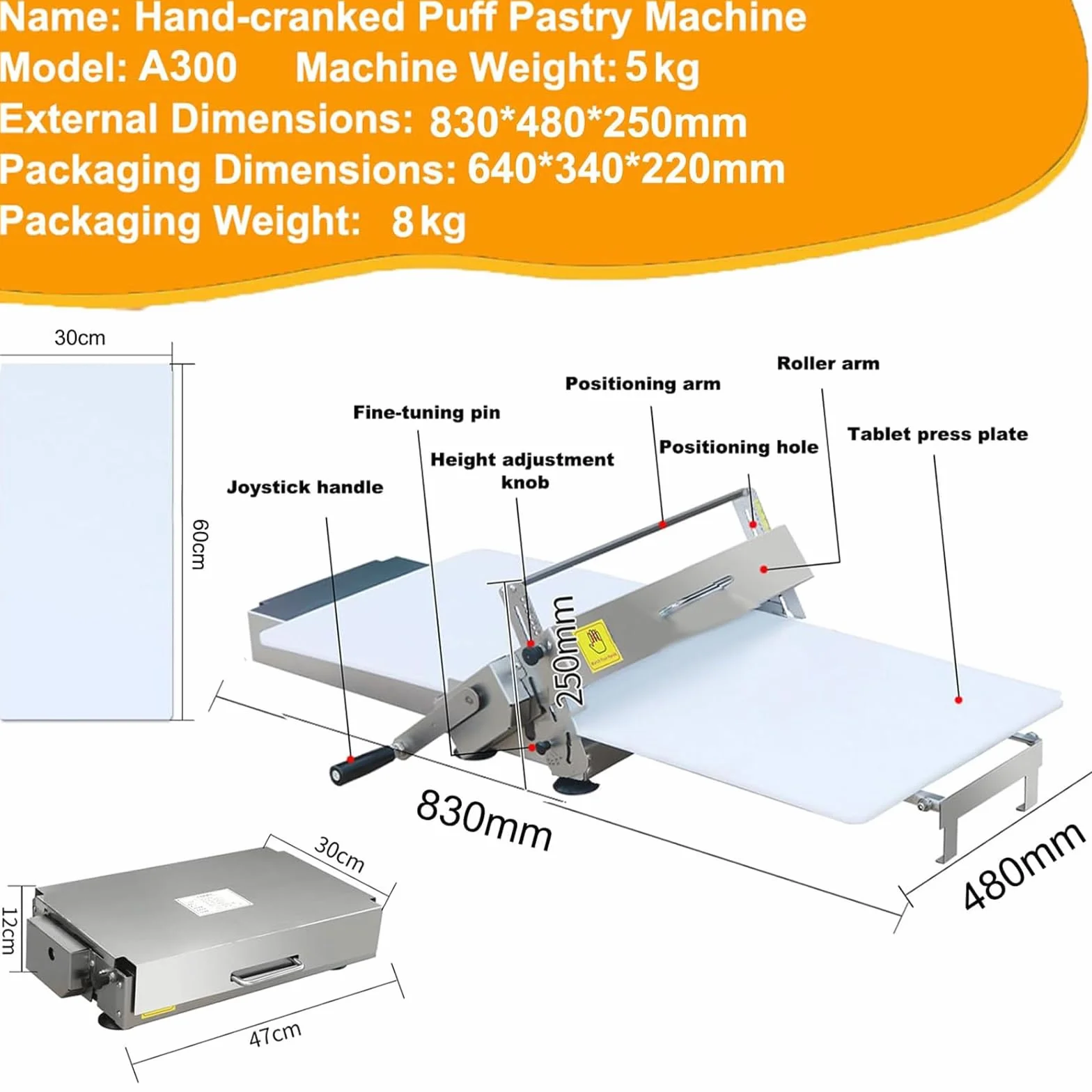 Laminadora de masa plegable, compacta, laminadora manual, grosor ajustable, máquina de masa de acero inoxidable, grosor ajustable de 0 a 25 mm (1 tabla de laminado) A300