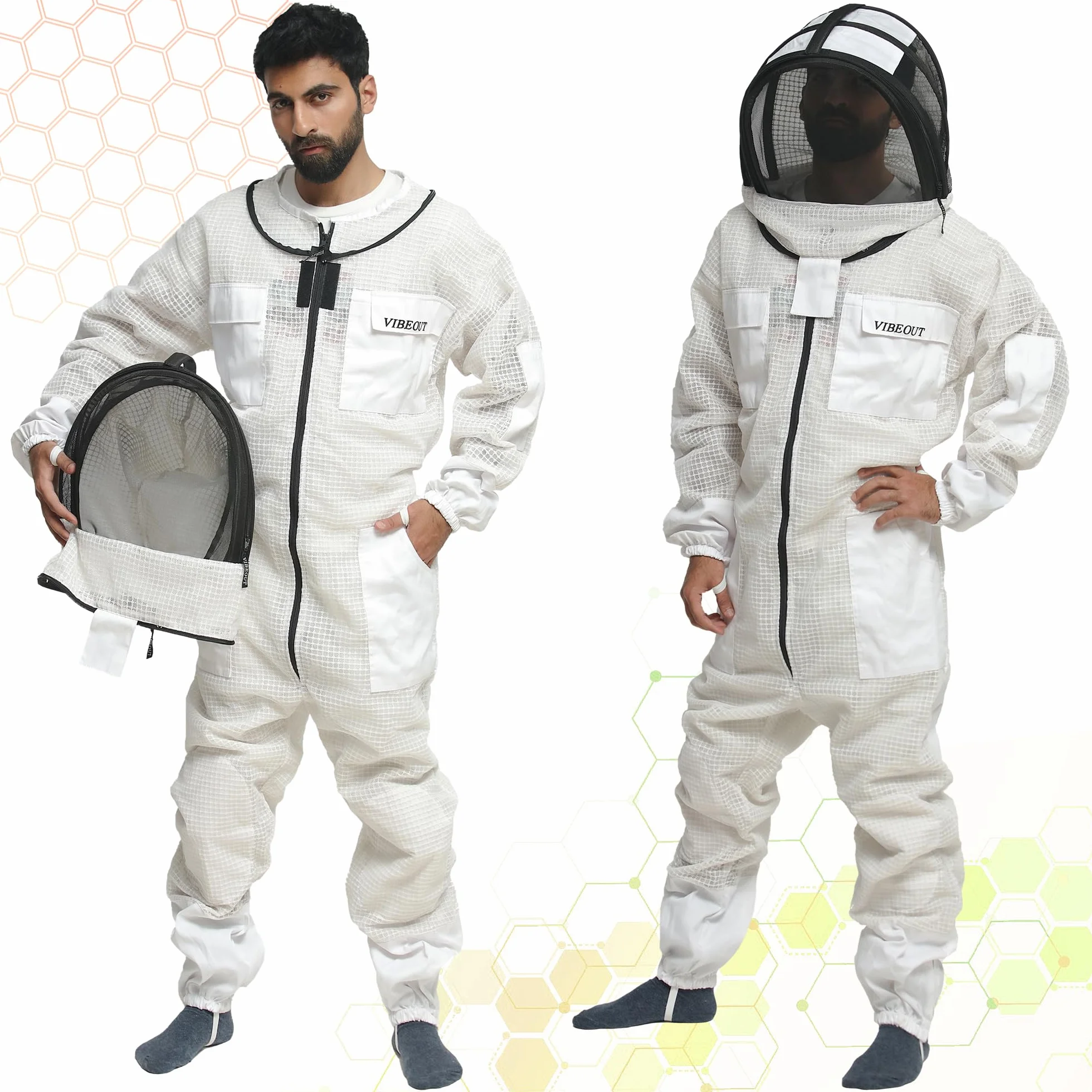 Traje de abeja Ultra ventilado 3 capas Premium Mesh Mono de apicultor Hombre Mujer Velo de esgrima Mono de apicultor anti picadura Profesional Traje de avispa Equipo de protección (Blanco, Large)