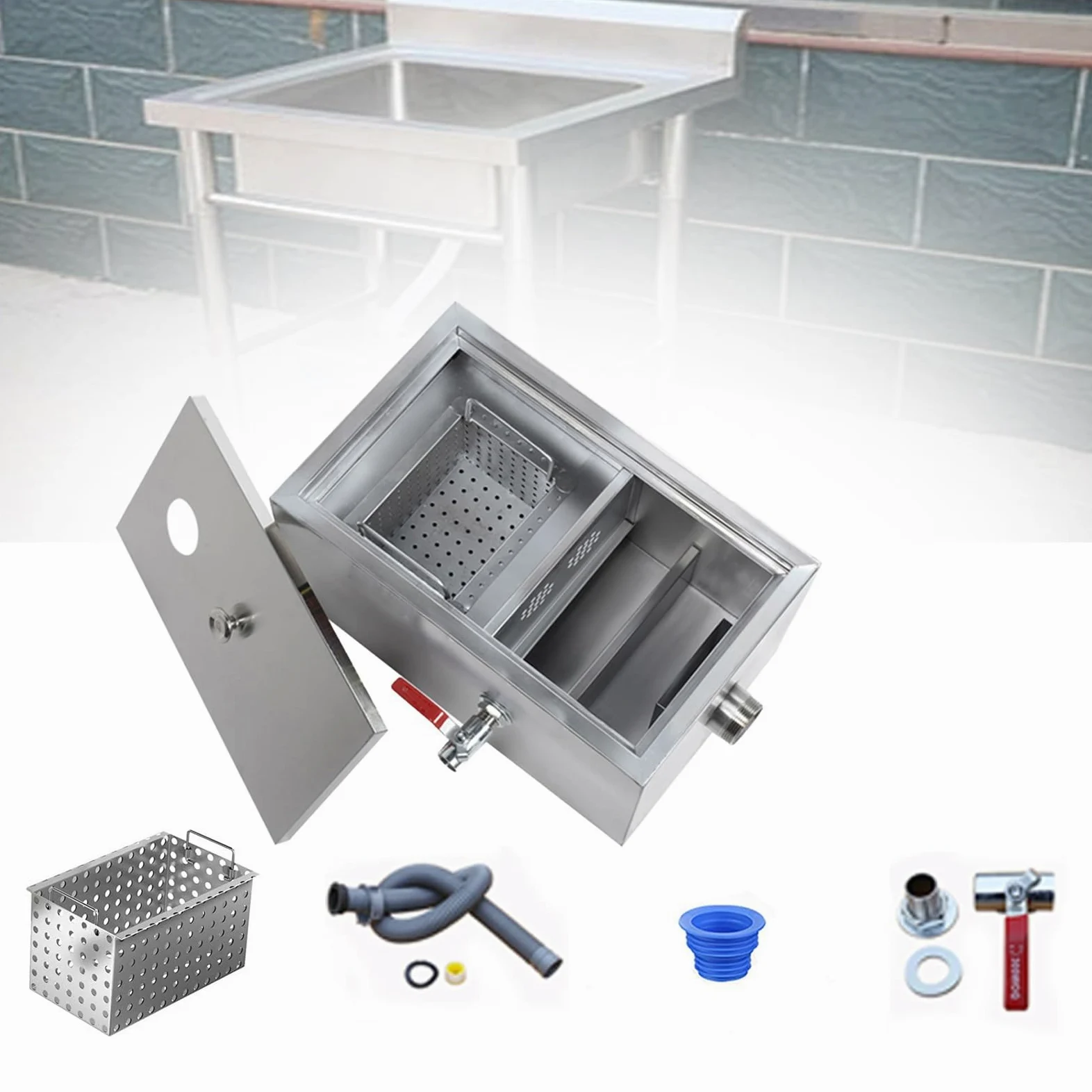 Interceptor de Acero Inoxidable, Separador de Grasas Bajo Fregadero, Trampa de Grasa Comercial Trampa de Grasa para Restaurante de Cocina(Size:35 x 25 x 23cm/14 x 10 x 9in)