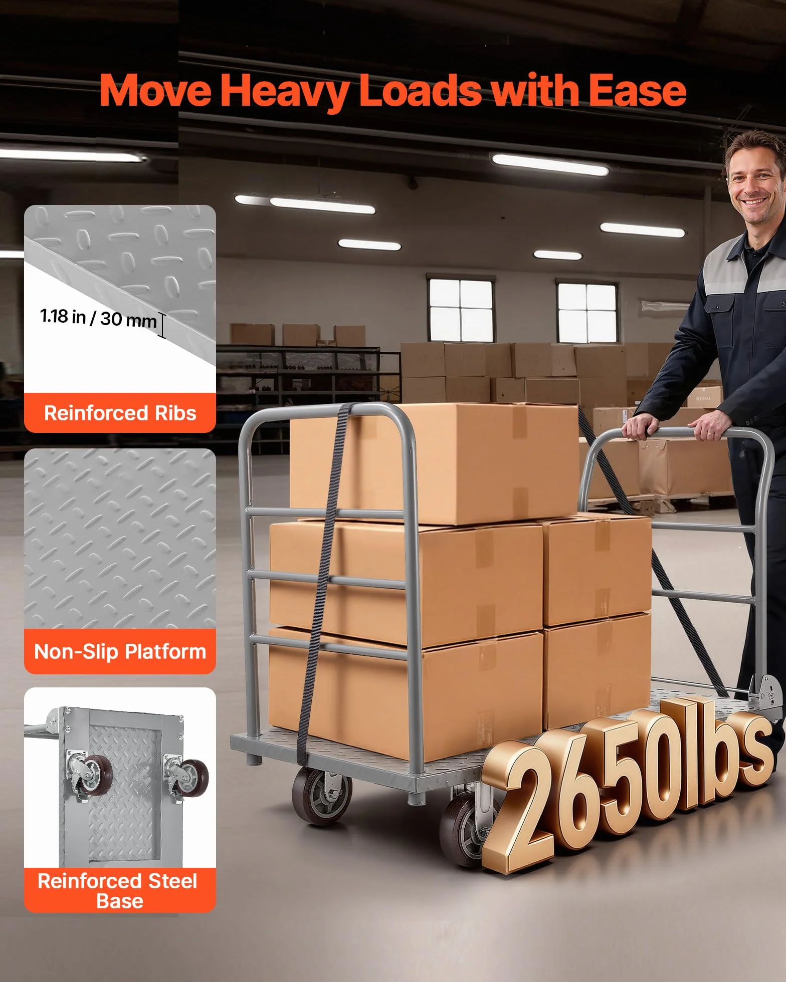 VEVOR Carro Plataforma Plegable de Acero 122 x 61 cm, Carretilla de Transporte Carga de 1202 kg, Carrito Portaequipajes con Plataforma con Ruedas de 152 mm, para Tareas Domésticas, Almacén, Mudanza