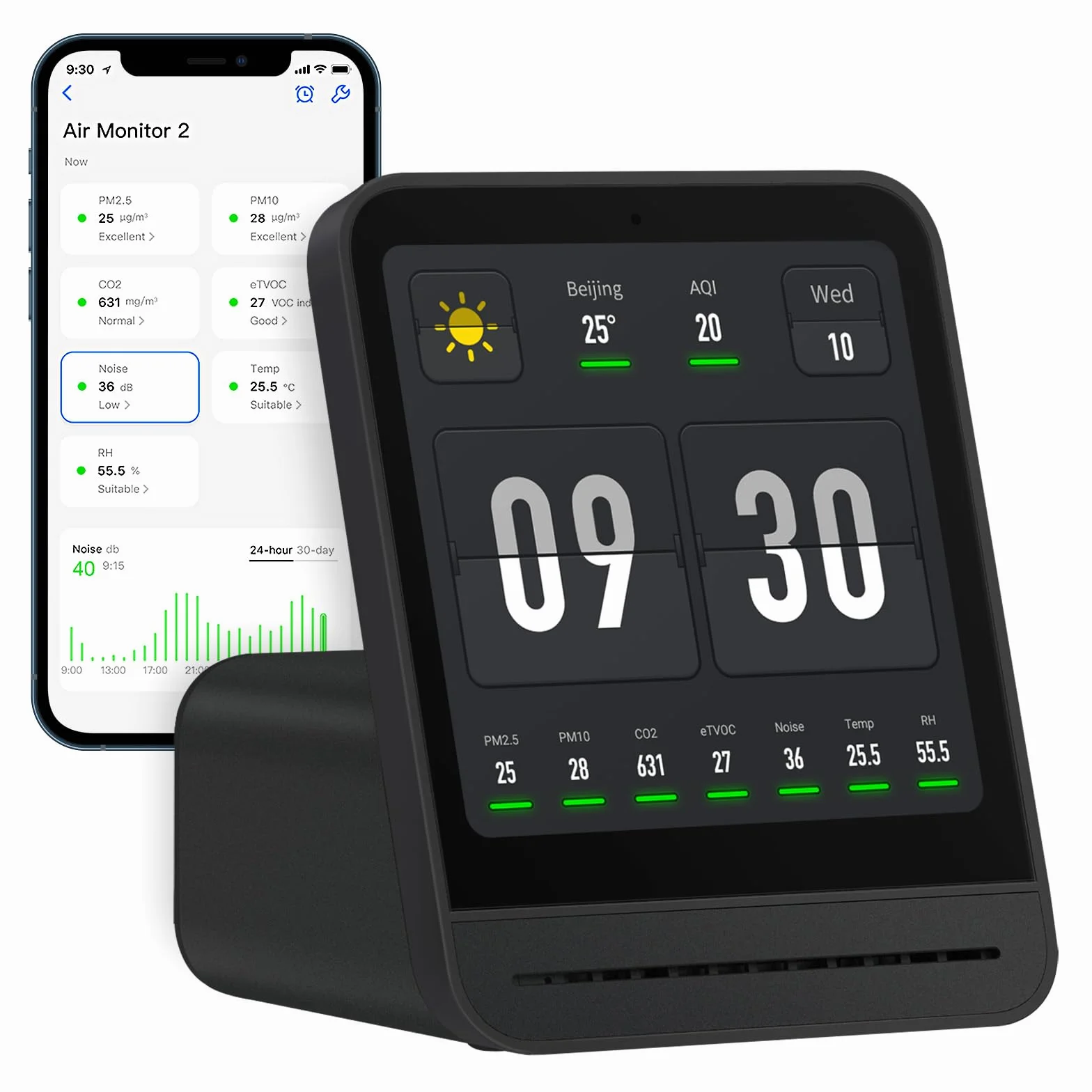 Qingping Air Quality Monitor Gen 2, Air Quality Monitor Indoor Detects PM2.5, CO2, PM10, Noise, Temperature and Humidity, New Upgraded Alarm Clock Function, Air Quality Tester for Bedroom (Black)