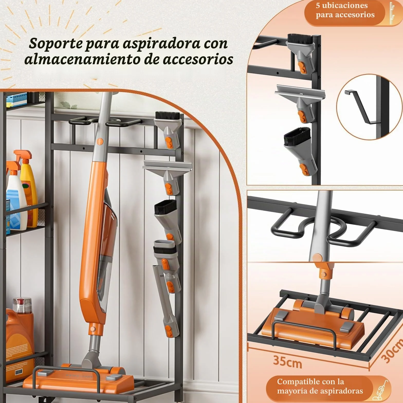 Bikoney Carro de Limpieza con Ruedas y Soporte para Escobas, Organizador de Productos de Limpieza con Armario y Estantes, Carrito Multiusos para Aspiradora y Fregonas, Ideal para Lavandería y Hogar