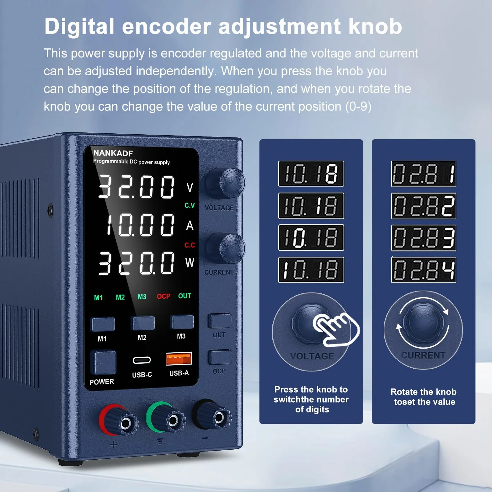 Fuente de Alimentación Ajustable 0-30V/0-10A, DC Fuente de Alimentación Regulada de Alta Precisión de Laboratorio Pantalla LED de 4 Dígitos,con Control de Codificador y Memoria de Datos