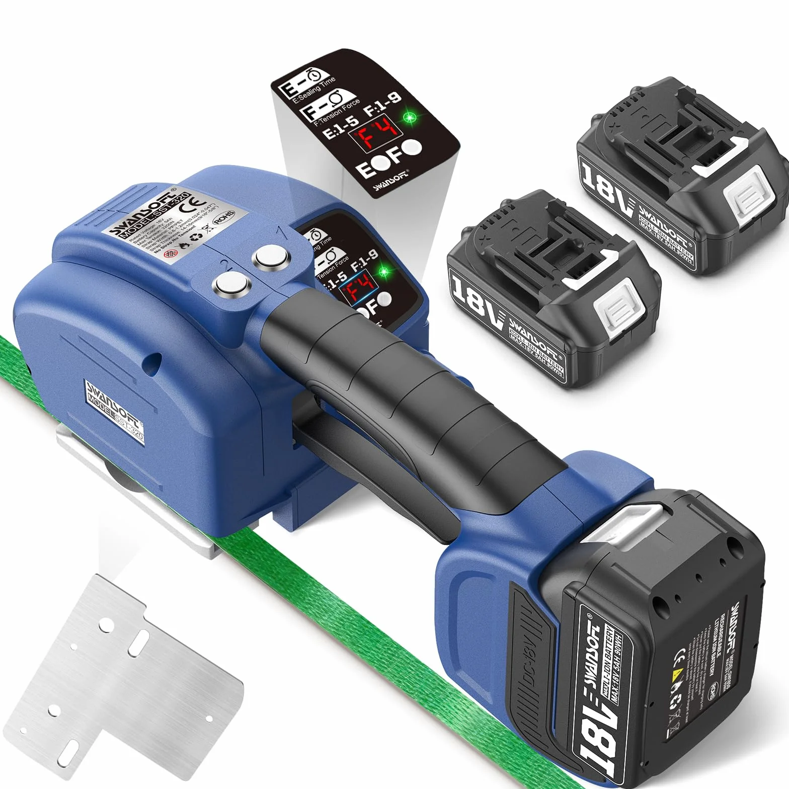 SWANSOFT Máquina de flejado eléctrica para flejes PP/Pet de 14-16 mm con Pantalla Digital - Herramienta automática con 2 baterías de 5000 mAh - para Cajas de Embalaje y palés