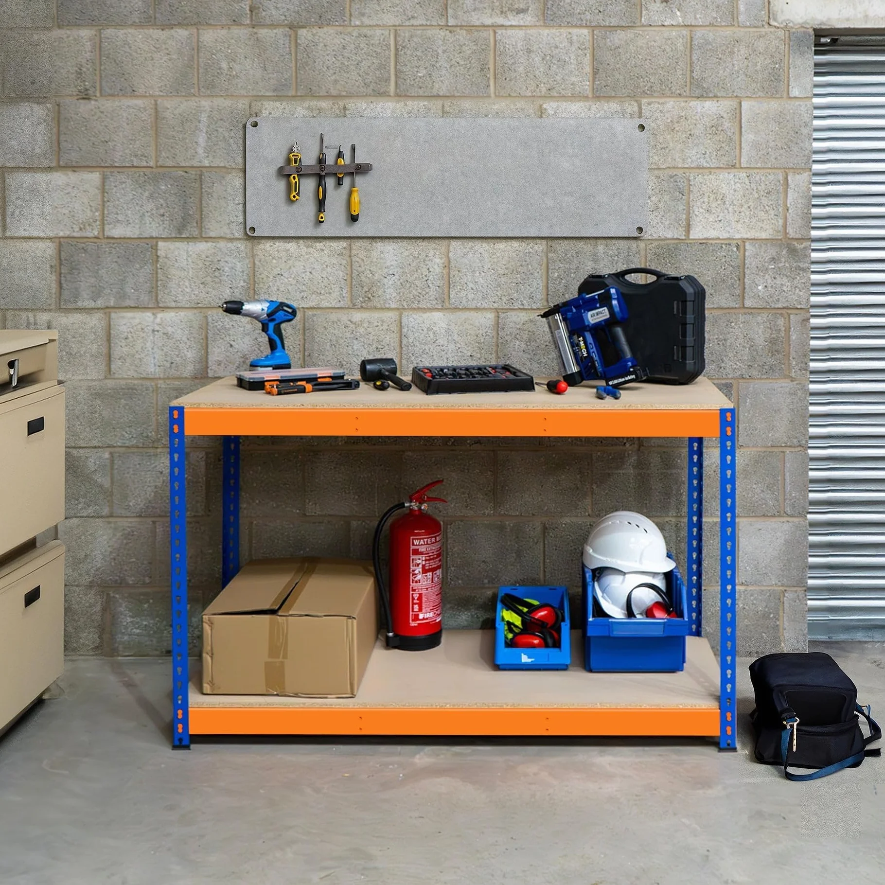 Banco de Trabajo p/Garaje S-Rax 2 Niveles | 150cm x 60cm x 90cm | Capacidad por Nivel 300kg | Montaje Sin Tornillos | 2 Barras de Soporte Reforzadas | Patas de Goma | Mesa para taller almacén depósito