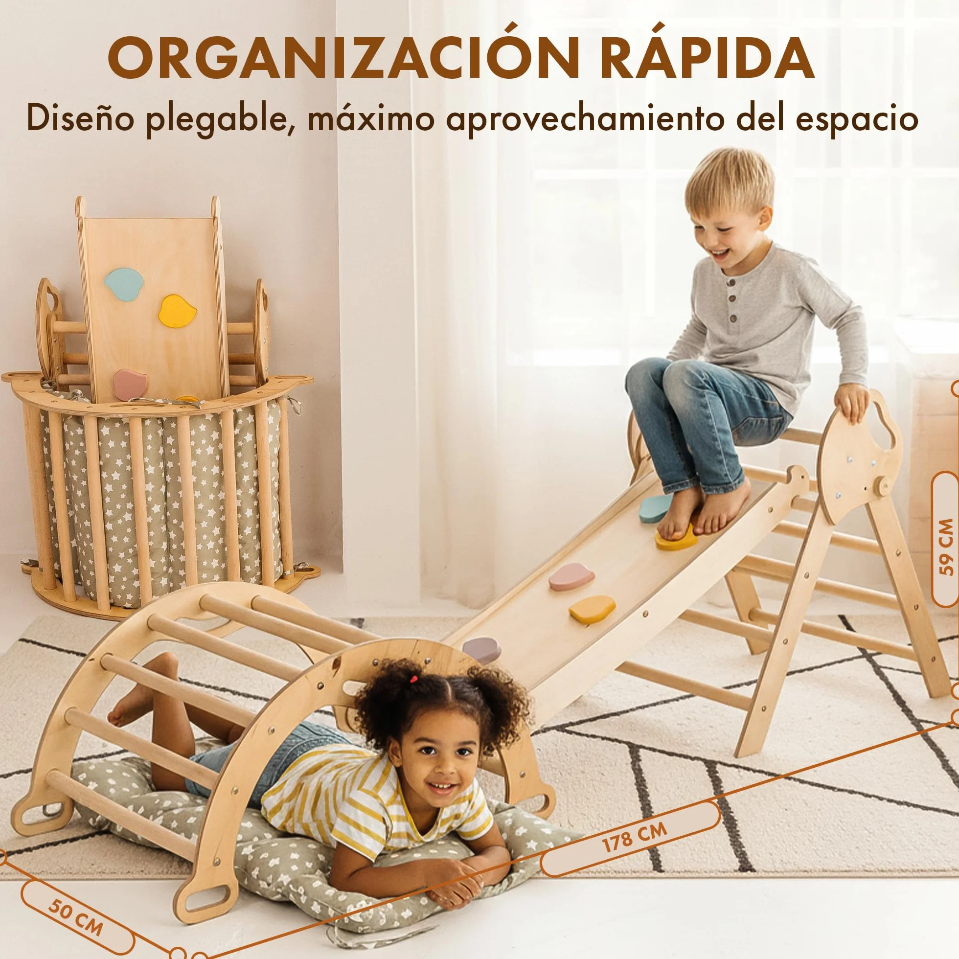 Estructura de Escalada 5 en 1 para Niños - Escalera Triángulo, Arco, Balance Board y Cojín, Montessori, Gimnasio de Madera 1-3 Años