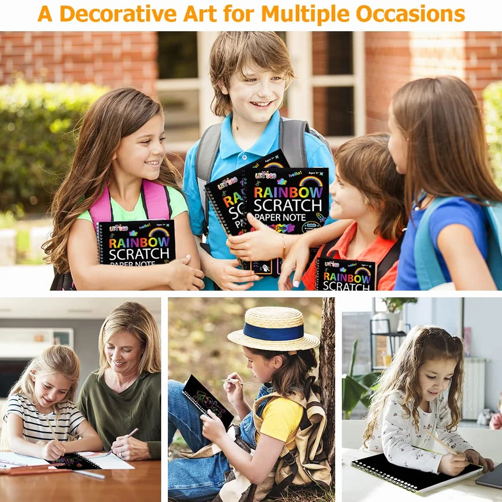 OFFCUP Scratch Art Manualidades Creativas, 2pcs Papel de Rascar para Niños con 4 Plumas de Bambú y 4 Plantilla de Pintura