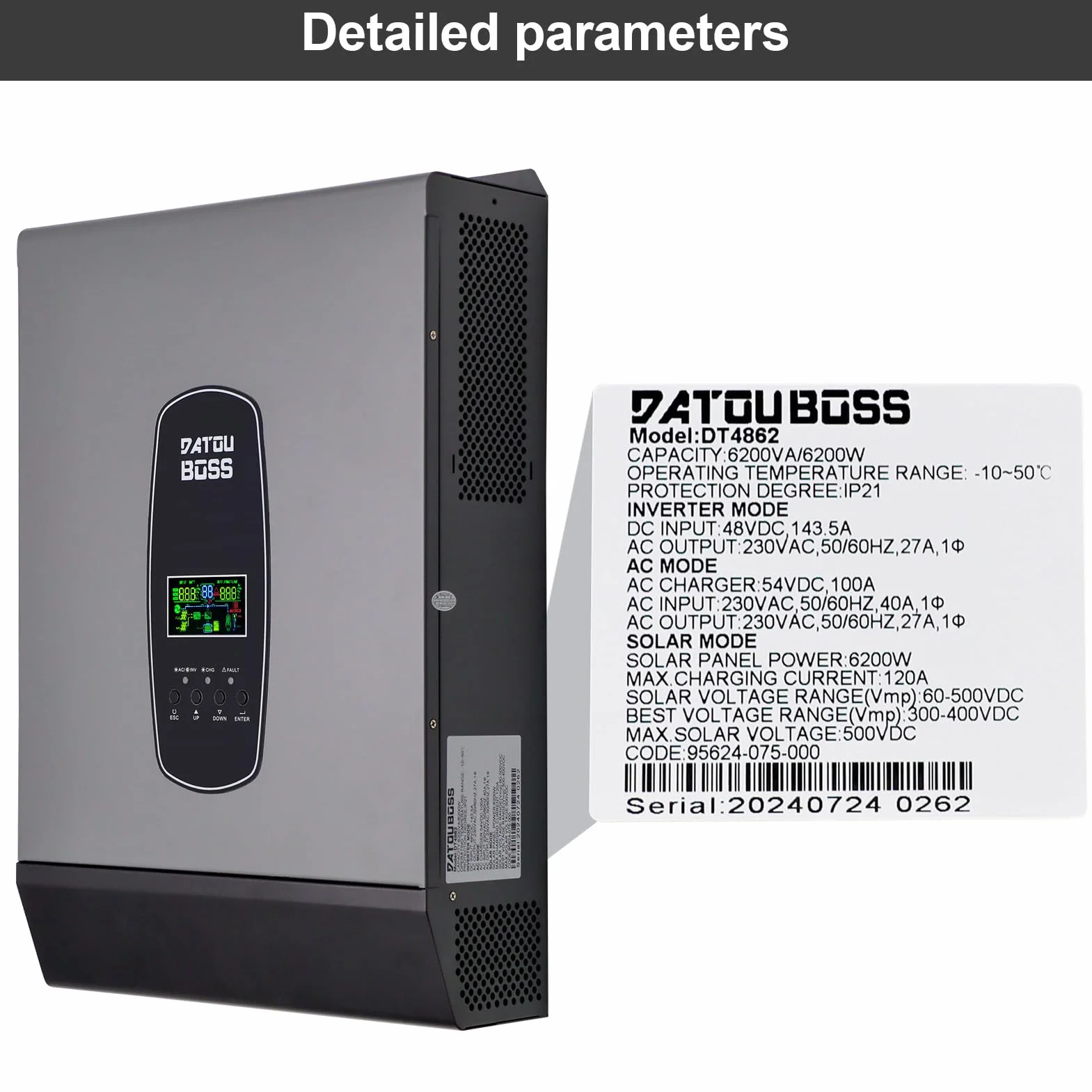 DATOUBOSS 6200 W Inversor híbrido sinusoidal puro 48 V CC a 230 V CA, compatible con el funcionamiento sin batería, con regulador de carga solar de 120 A MPPT para baterías de plomoácido y litio