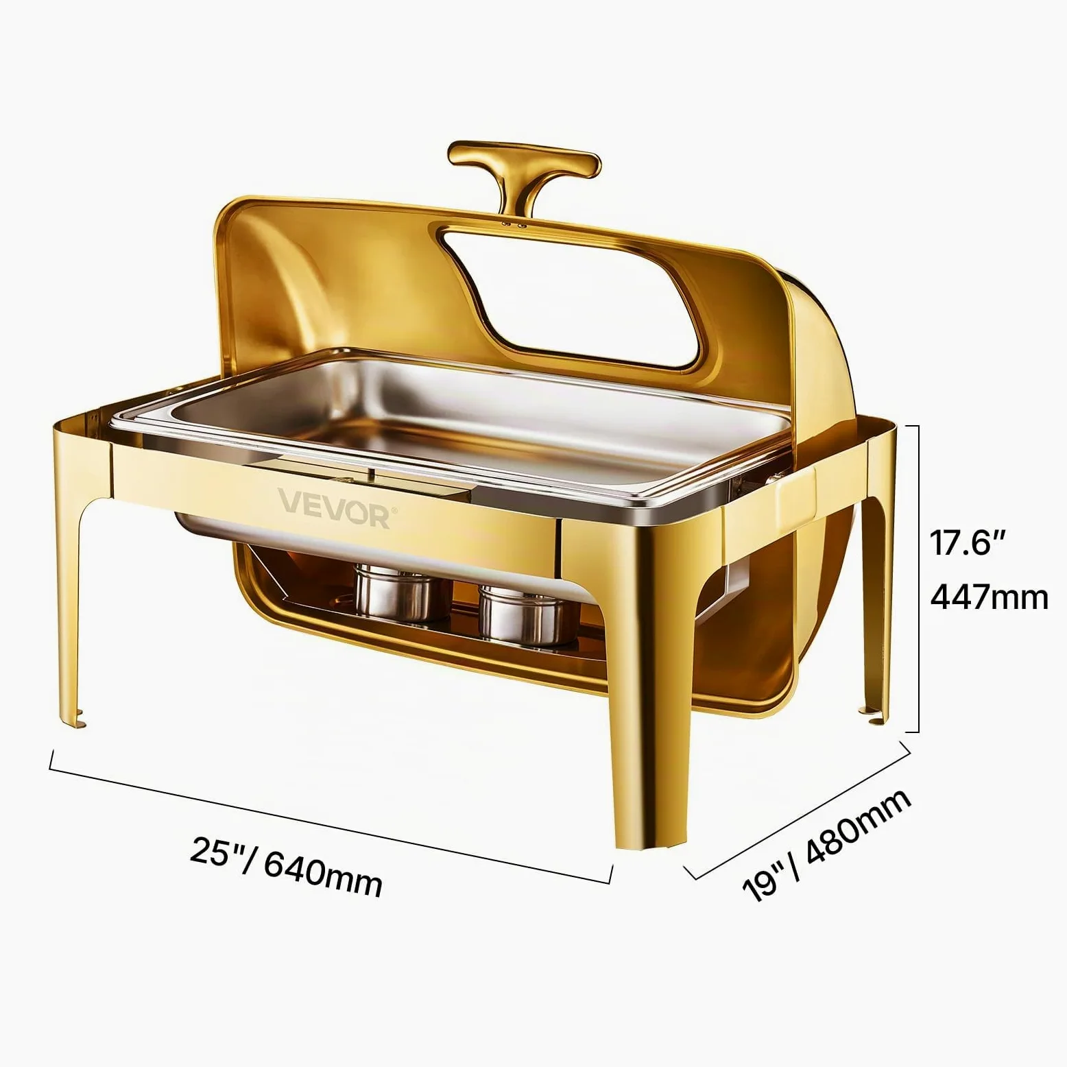VEVOR Juego de Calentador de Alimentos Acero Inoxidable con Sartenes Tamaño Completo(8,5 L), Rectangular, con Tapa Visible y Soporte para Bandeja de Agua y Depósito de Combustible, Dorado, 1 ud