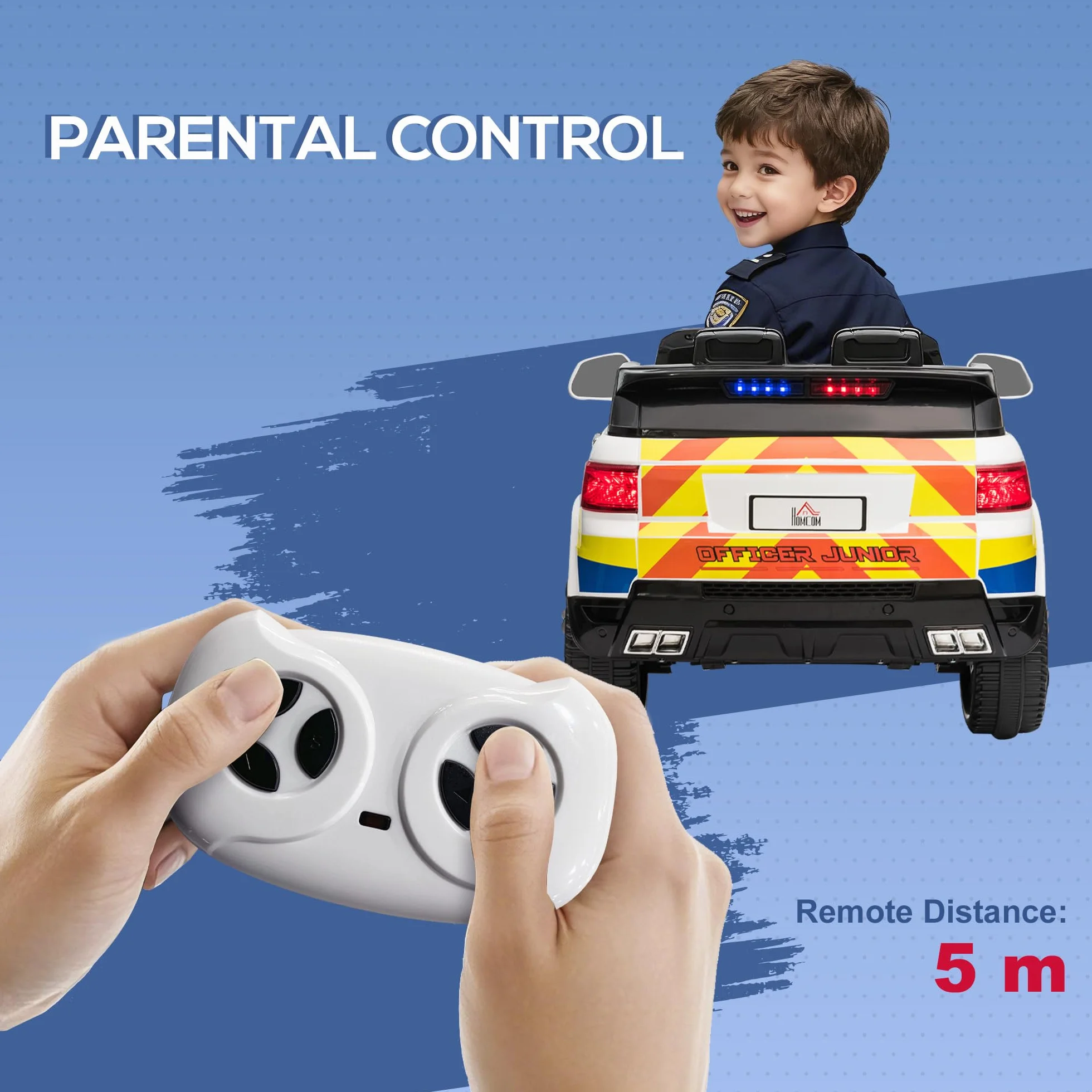 HOMCOM Coche Eléctrico Infantil de Policía 12V con Suspensión Muelle Mando a Distancia Bluetooth USB Sirena Blanco