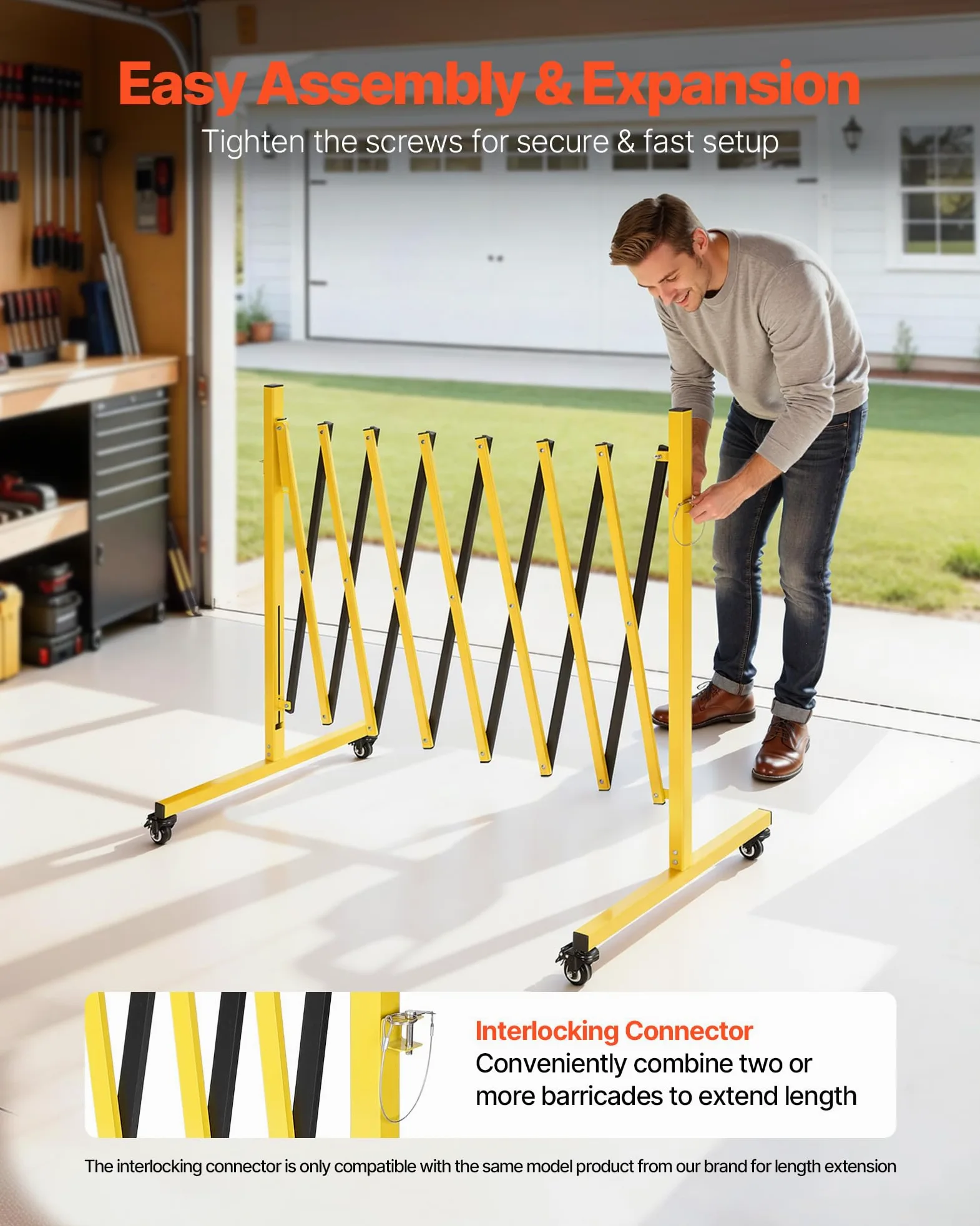 VEVOR Barricada Extensible de 3,82 m, Barrera de Seguridad Plegable con Ruedas y Frenos, Valla Metálica Portátil, Aluminio, para Uso Industrial Construcción Control de Espacios, Color Negro Amarillo