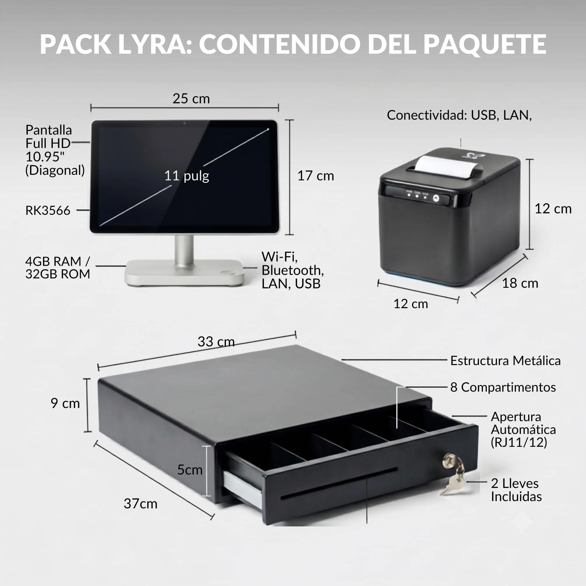 TPV Completo Lyra | Terminal Android 11 Libre sin Cuotas | Pantalla 10.95", Impresora de Tickets y Cajón Portamonedas Compacto 33cm | Sistema para Bar, Cafetería, Restaurante y Tienda