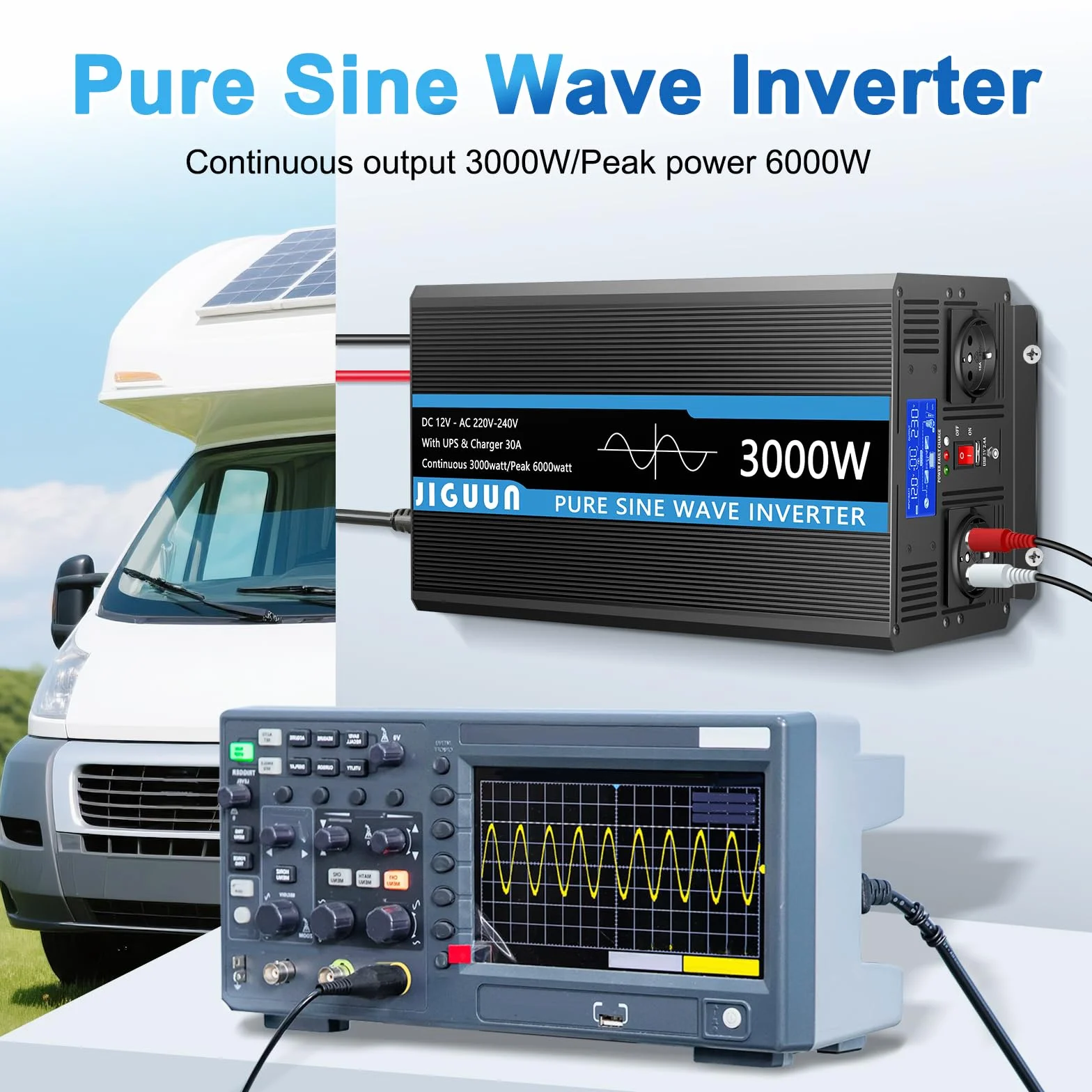 JIGUUN 3000W Inversor 12V 220V Onda Pura Inverter con Cargador 30A y Circuito Prioritario de Red y SAI，2 Tomas EU, Mando a Distancia Inalámbrico y Pantalla LCD Potencia Pico 6000W