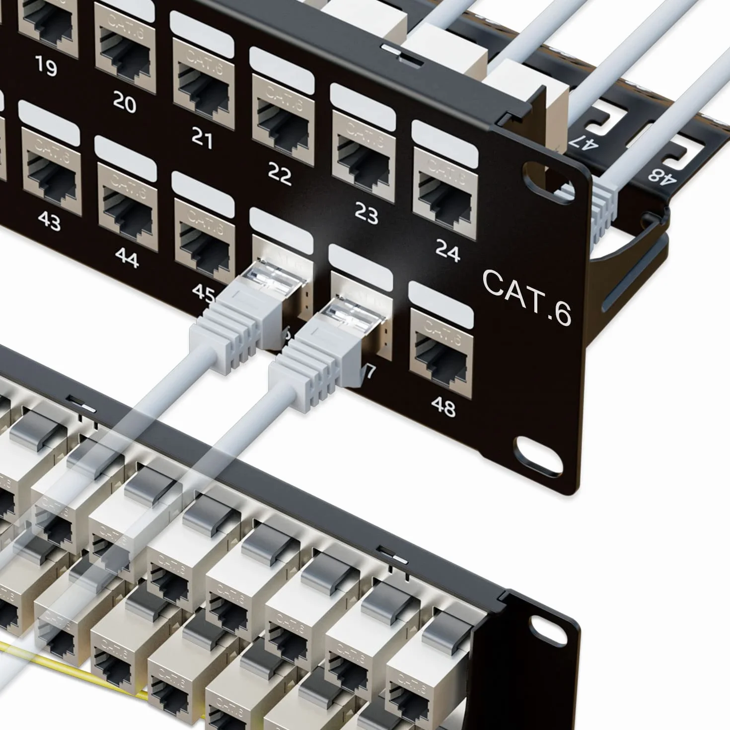 Panel de conexión de 48 puertos RJ45 Cat6 blindado STP de 19 pulgadas 10 Gbps 2U con barra trasera