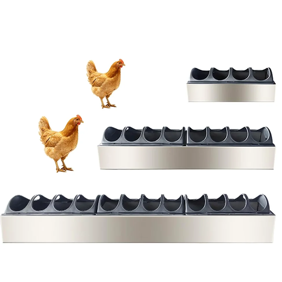 Comedero de pollo de acero inoxidable, comedero rectangular con tapas divididas, equipo de alimentación de aves de corral de doble cara a prueba de derrames para pollos, patos