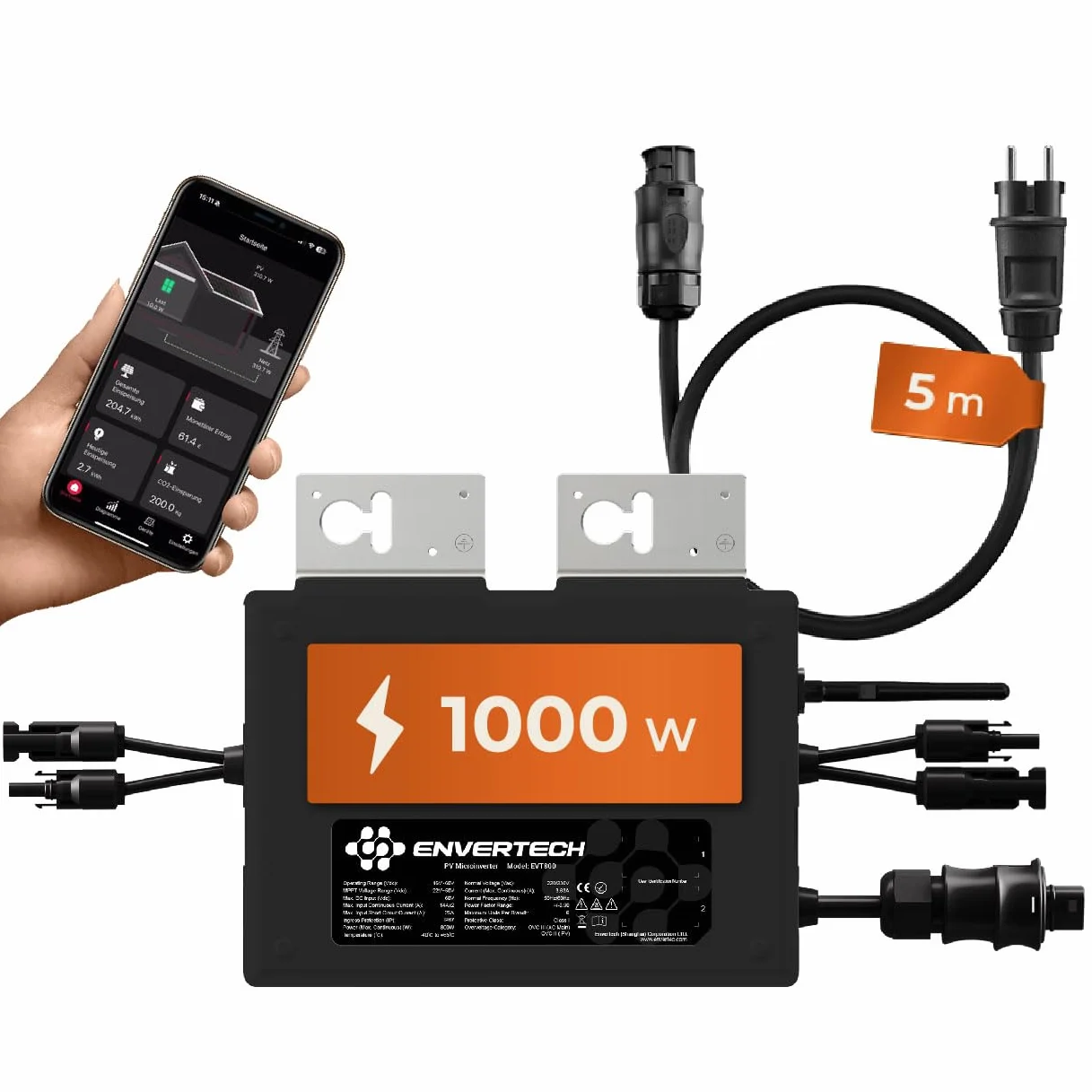 Solarway Microinversor Envertech (1000 W, 5 m cable, 800-1000 W balcony inverter, 2 PV modules, black case, app, WiFi, Bluetooth)