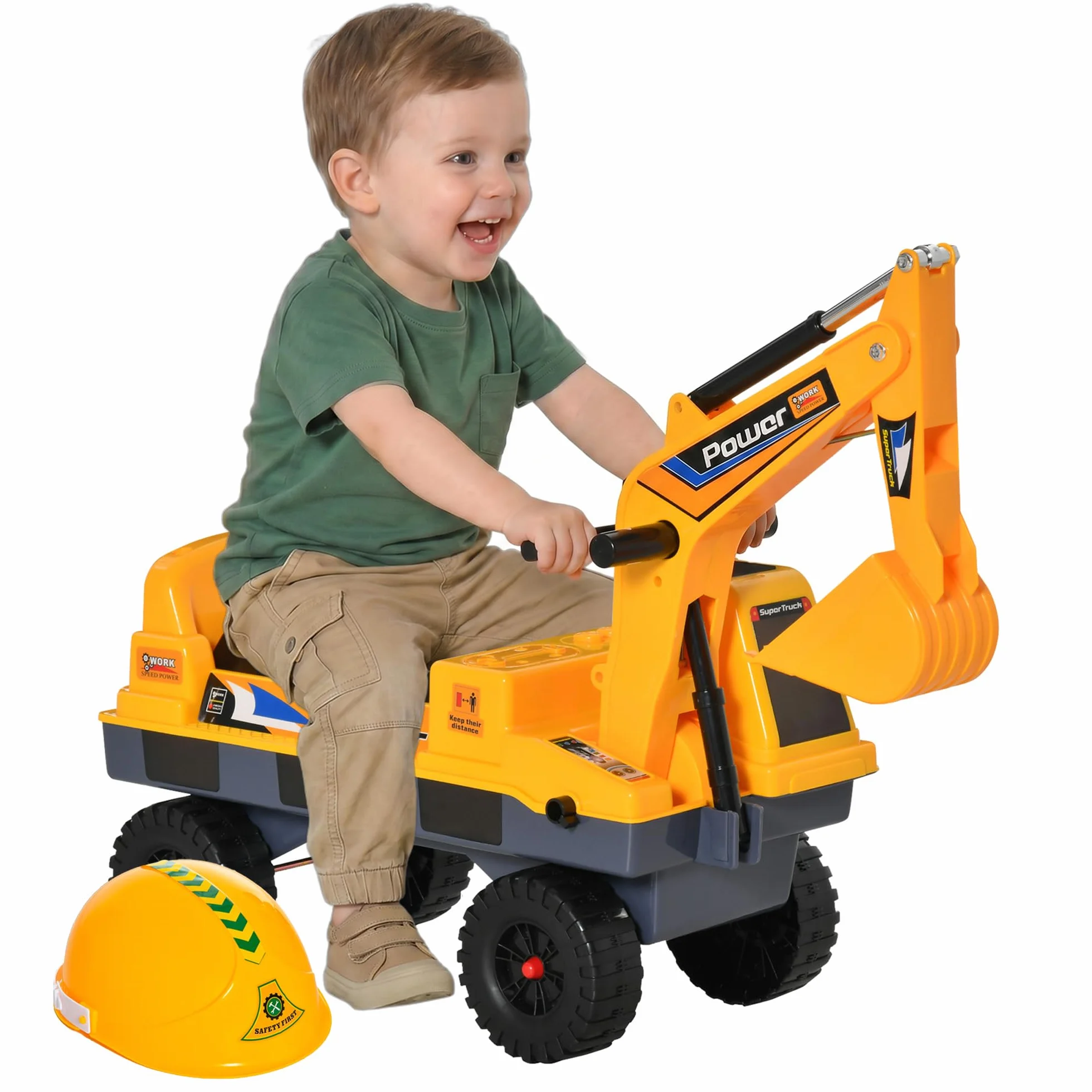 HOMCOM Tractor sin Pedales para Niños Excavadora Correpasillos con Pala Delantera Luces Música 90x28x58 cm Amarillo