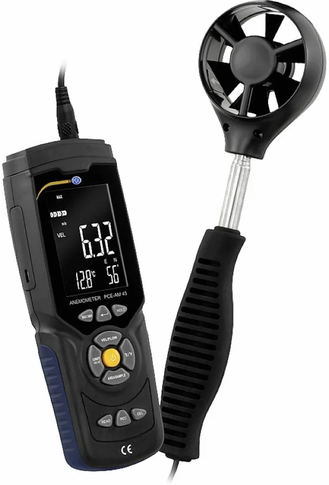 Medidor de viento PCE-AM 45, Anemómetro Digital con escala Beaufort, indicador de dirección del vientorango de medición 0,3... 45,0 msmemoria de datos para 960 lecturas