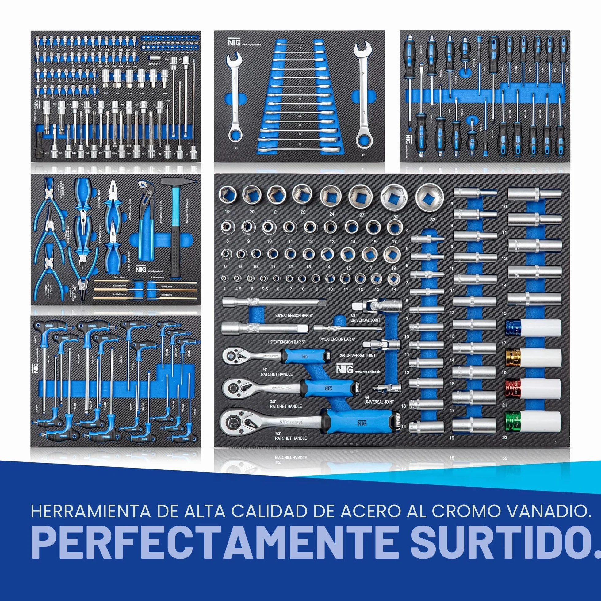 NTG Carro de Taller con 252 Herramientas, 7 cajones, cajón Cargo, Placa de Acero Inoxidable, con Cerradura