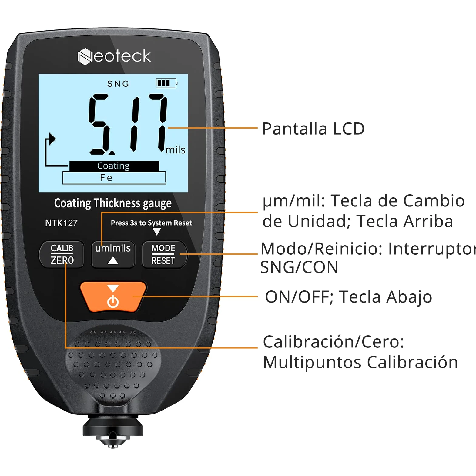 Neoteck Medidor de Espesor 0-1500um Medidor de Espesor de Recubrimiento de Pintura para Automóvil Sonda Fe&NFe con Retroiluminación para Automóviles de Metal con Base de Acero y Aluminio