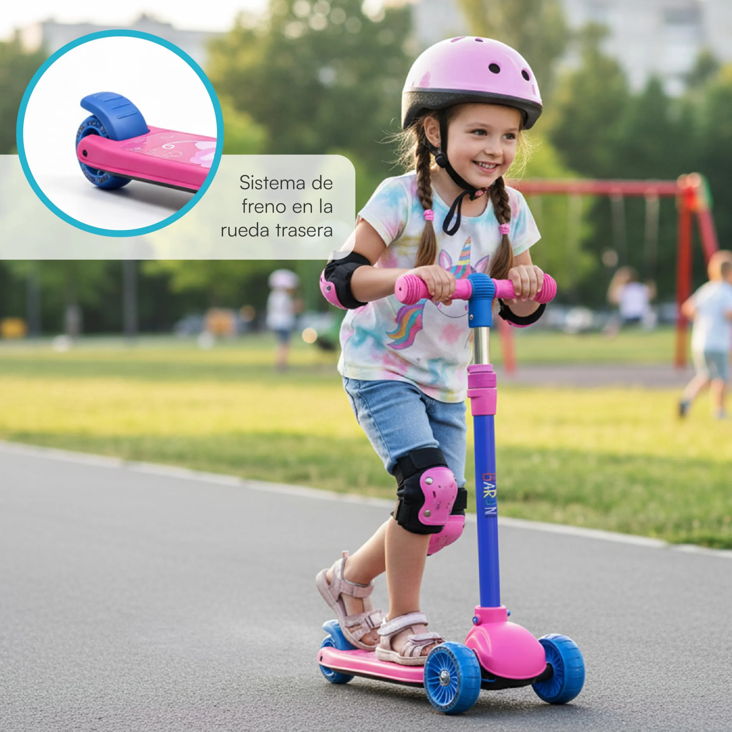 Baroni Toys Patinete 3 ruedas niños LED luminosas sin pilas manillar ajustable 3 alturas freno trasero 52x25x81 cm rosa