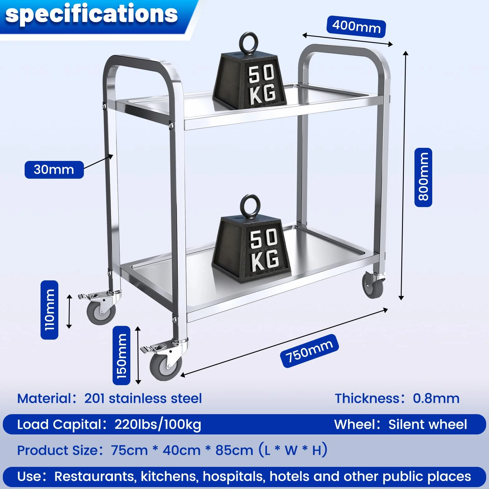 Carro de Servicio de Acero Inoxidable con 4 Ruedas, Carrito de Restaurante con 2 Estantes (75 * 40 * 83 cm)