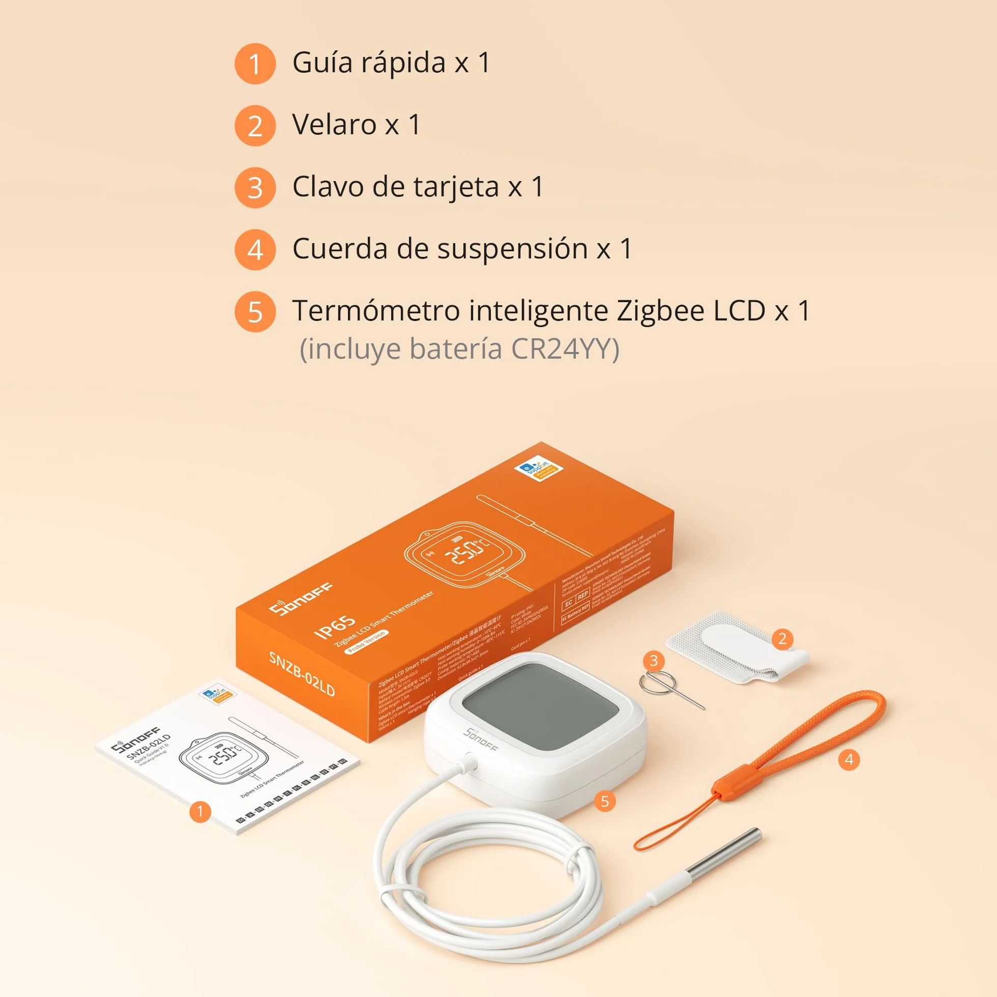 SONOFF SNZB-02LD Sensor Temp. Zigbee 1.5m Sonda Acero Inoxidable LCD -40~115°C APP Soporte Magnético