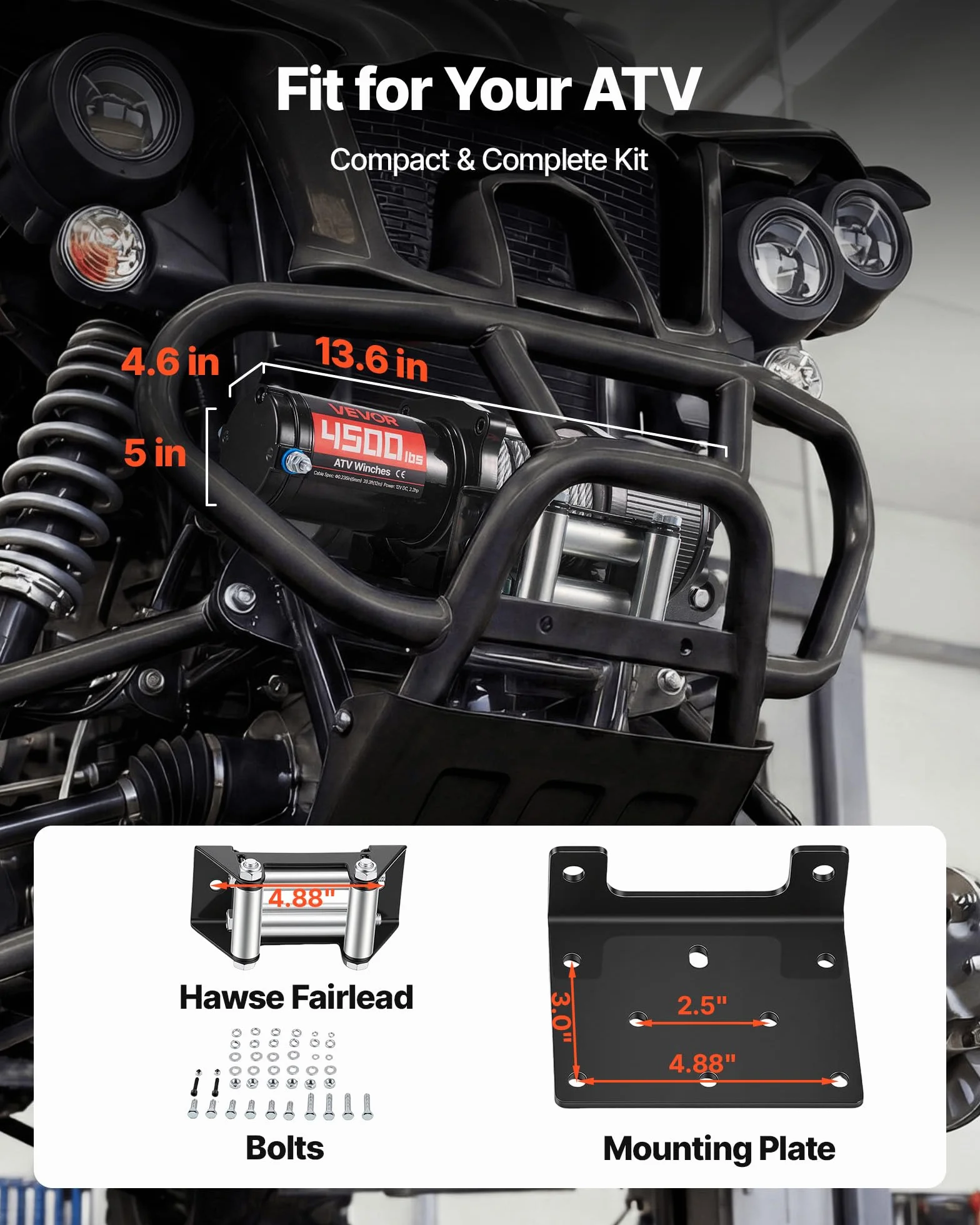 VEVOR Cabrestante Eléctrico 12V 2041 kg para ATV UTV con Cuerda de Acero 6 mm x 12 m, Motor 1,6 kW, IP54, Control Remoto con Cable e Inalámbrico con Guía de Rodillos, Placa de Montaje para Todoterreno