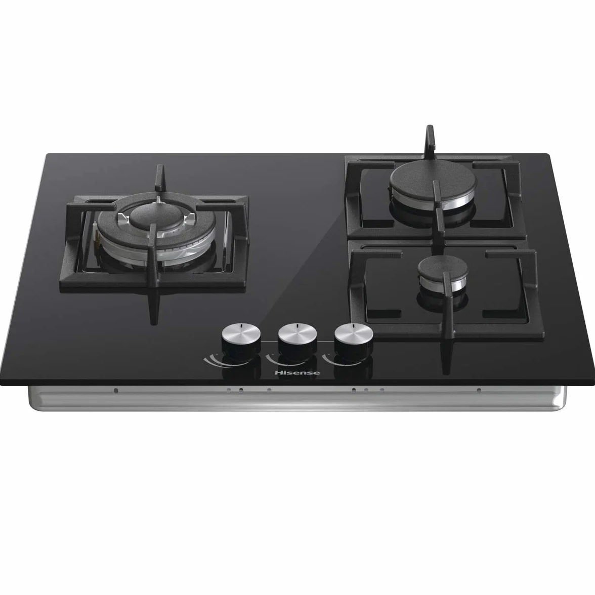 Hisense GG633B Placa de Gas Natural 60 cm 3 Zonas Parrilla Hierro Fundido Cristal Templado Negro Autoencendido GasStop