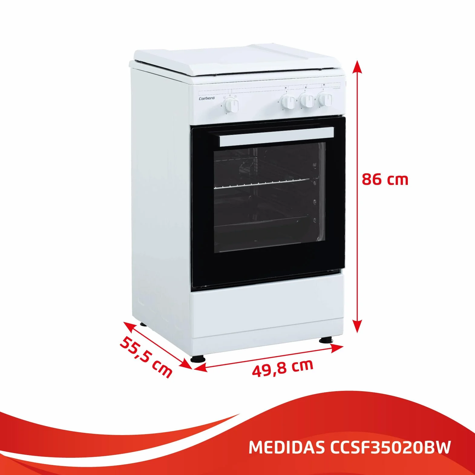 Corberó Cocina Gas Plus CCSF35020BW 3 Fuegos Horno 43 L Doble Puerta Cristal Blanco