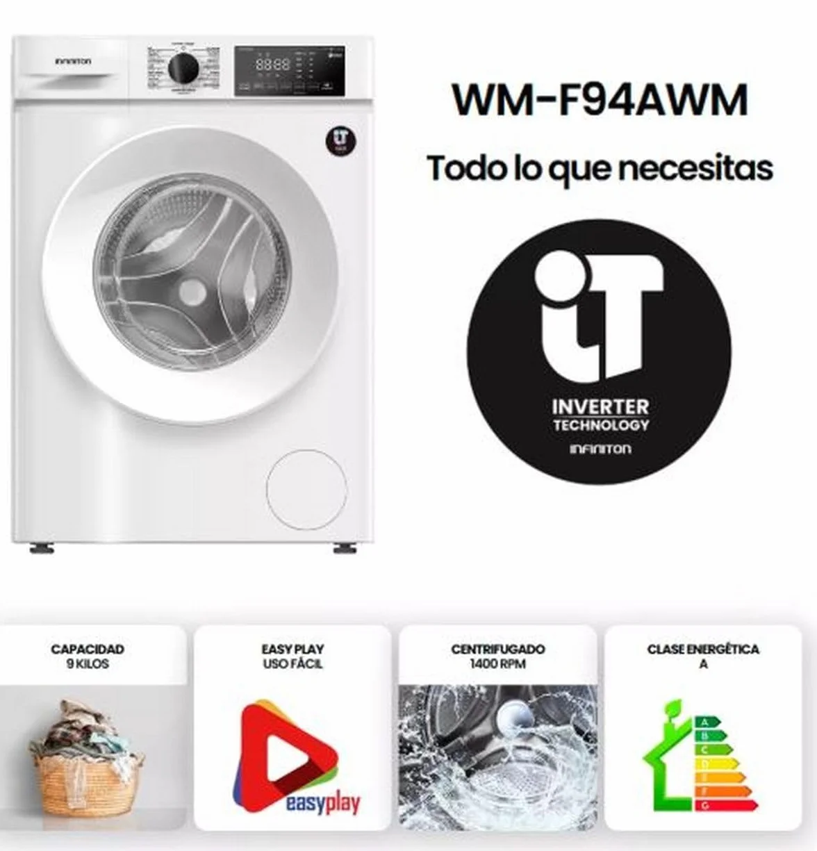 Infiniton WM-F94AWM Lavadora 9 kg 1400 RPM A Blanco Vapor Care