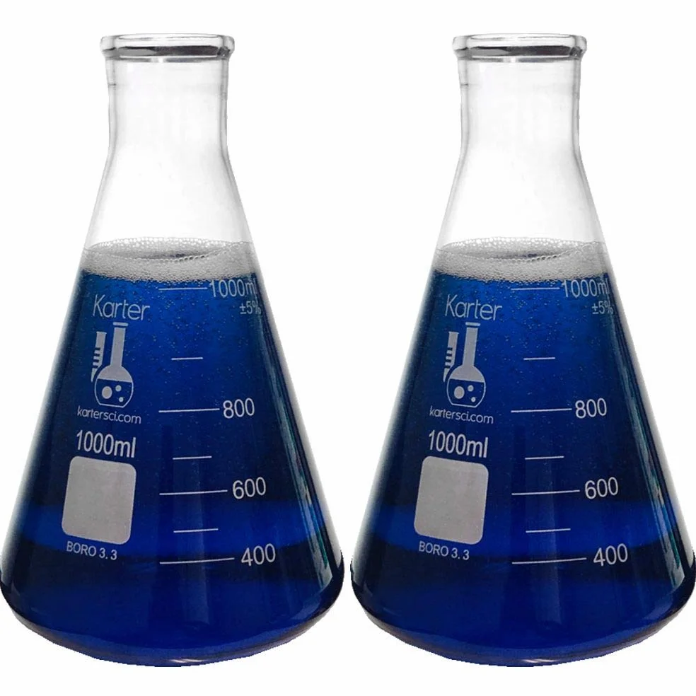 Erlenmeyer Botella de boca estrecha de 1000 ml, vidrio de borosilicato 3.3, Karter Scientific (paquete de 2)