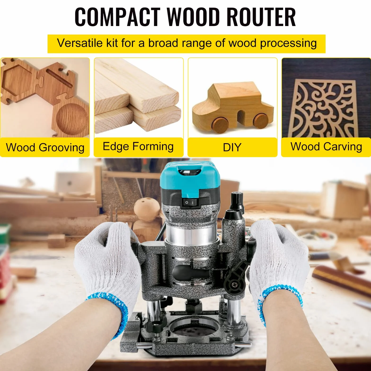 VEVOR Enrutador de Palma 4 Bases con Fijas de Inmersión Inclinadas y Compensadas 710W 13000-33000r/min Herramienta Compacta de Enrutador de Palma de Madera Carpintero Carpintería 6 y 8mm Fresadora