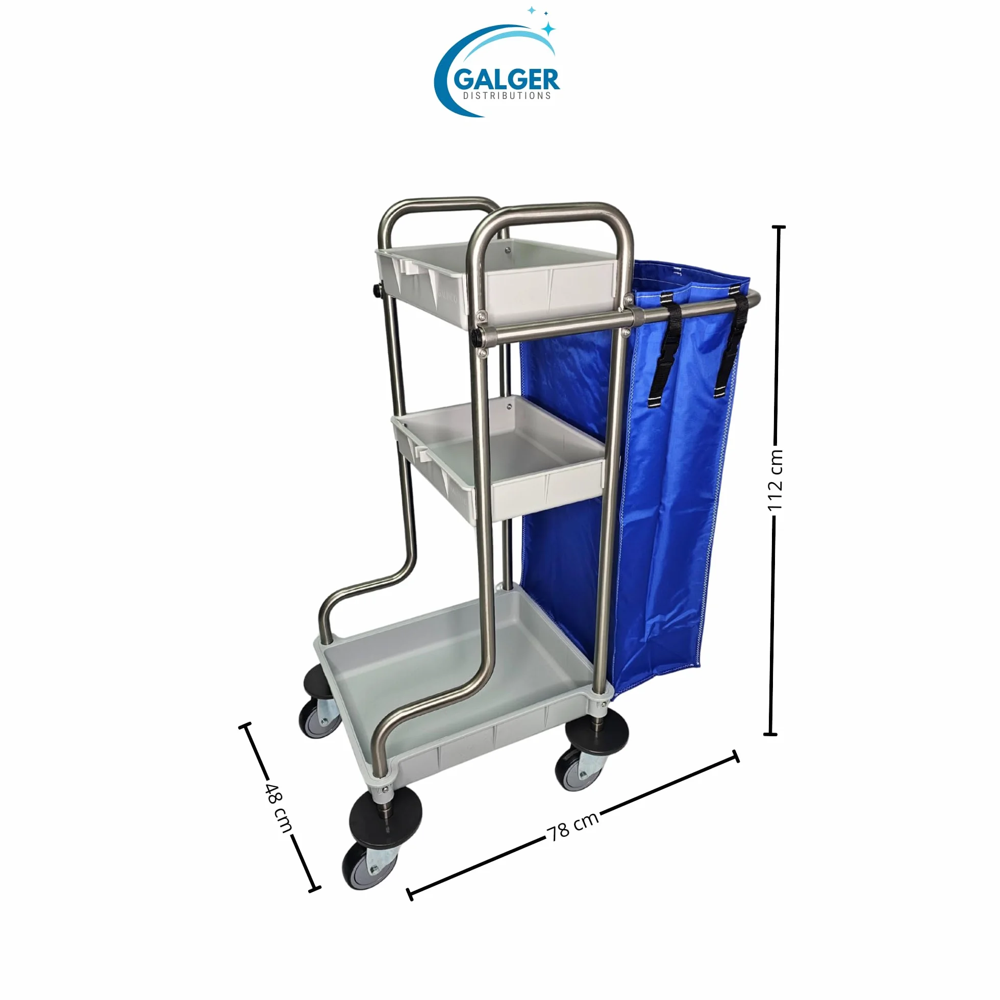 Carro de Limpieza Profesional Acero INOX 18/8 con 3 ESTANTES de Polipropileno, Ruedas de 100mm con Protector y Bolsa de 70L