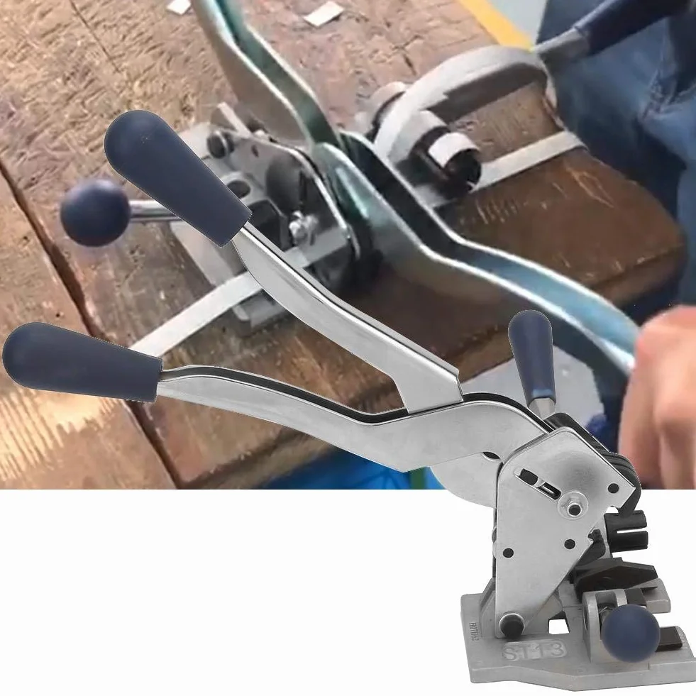 Máquina flejadora de paquetes 3 en 1, engarzadora tensora manual de correa de acero para correa de polipropileno de 1/2 "-5/8" de ancho, para embalaje industrial y doméstico.