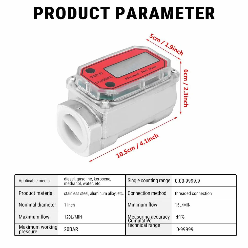 Medidor de Flujo de Turbina Digital 1" NPT 15-120L, Caudalímetro Agua con Pantalla LCD, para Diésel y Gasolina (Rojo)